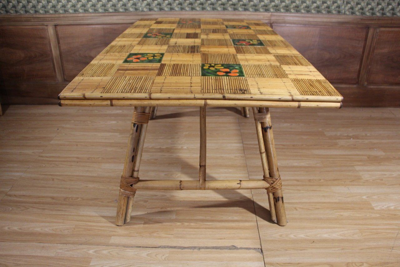 Rattan And Ceramic Dining Room Table From Audoux Minet By Adrien Audoux & Frida Minet, 1960s photo furniture