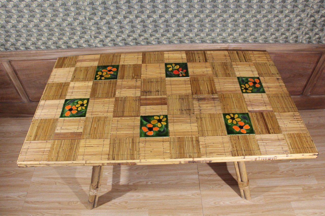 Rattan And Ceramic Dining Room Table From Audoux Minet By Adrien Audoux & Frida Minet, 1960s photo vinterior