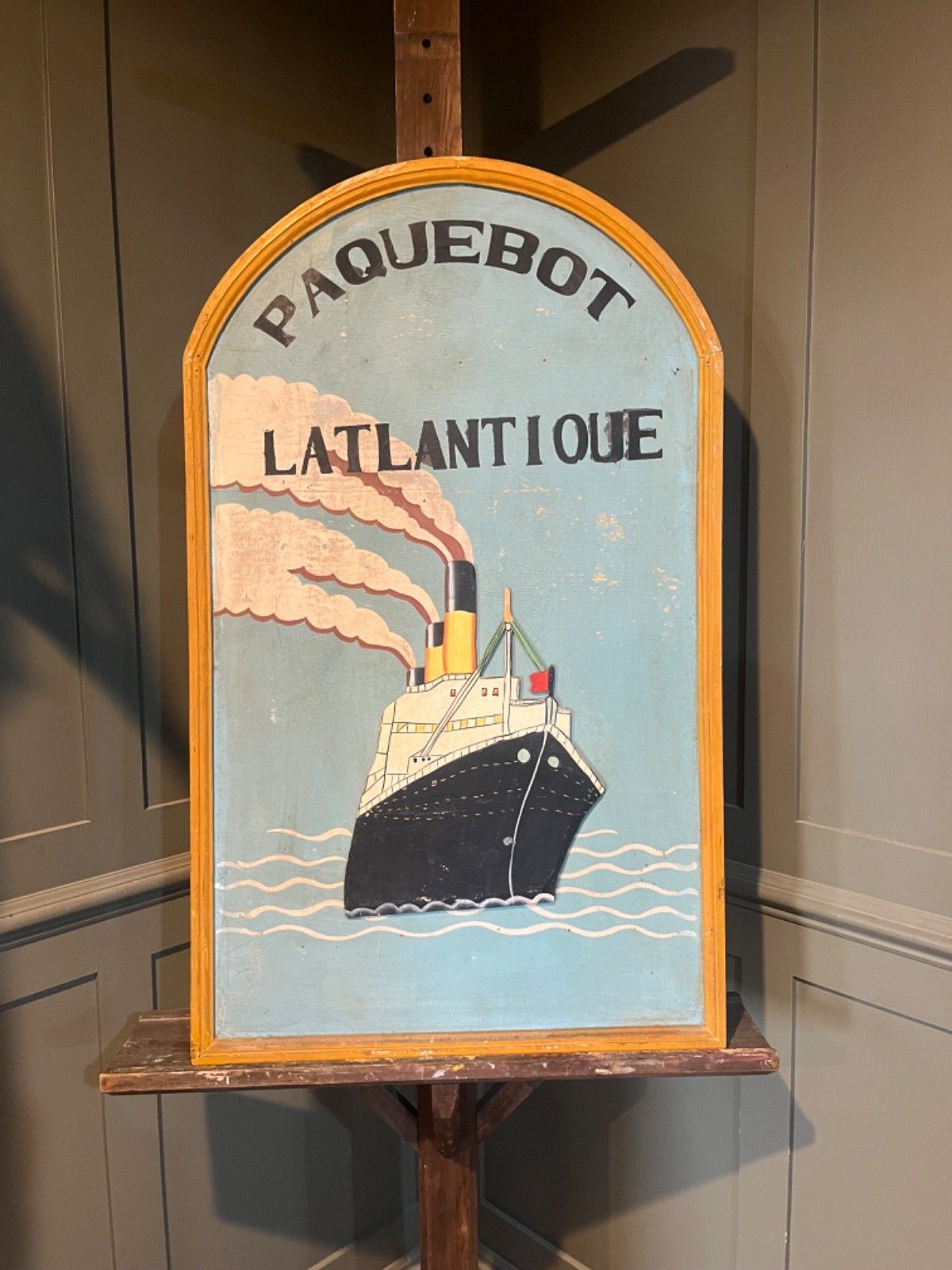 Antique Painting On Wood Of A Boat L'atlantique Paquebot Circa 1920's