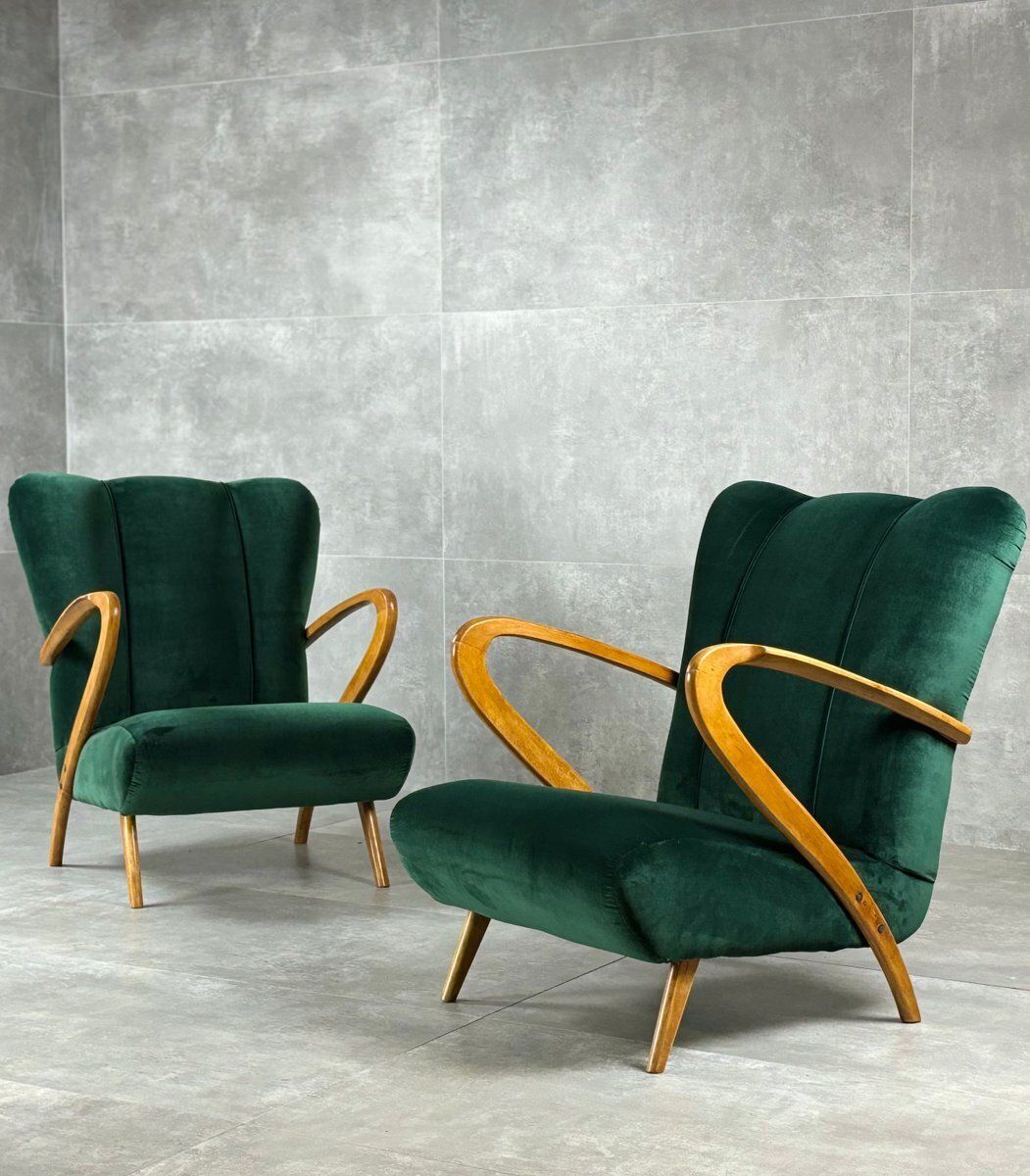Set Of Wooden And Velvet Armchairs, 1940s photo for sale