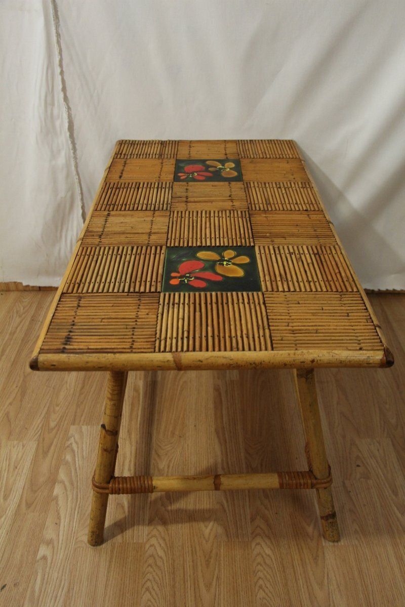 Coffee Table In Rattan And Ceramic By Audoux Minet For Vallauris, 1960s photo Furniture