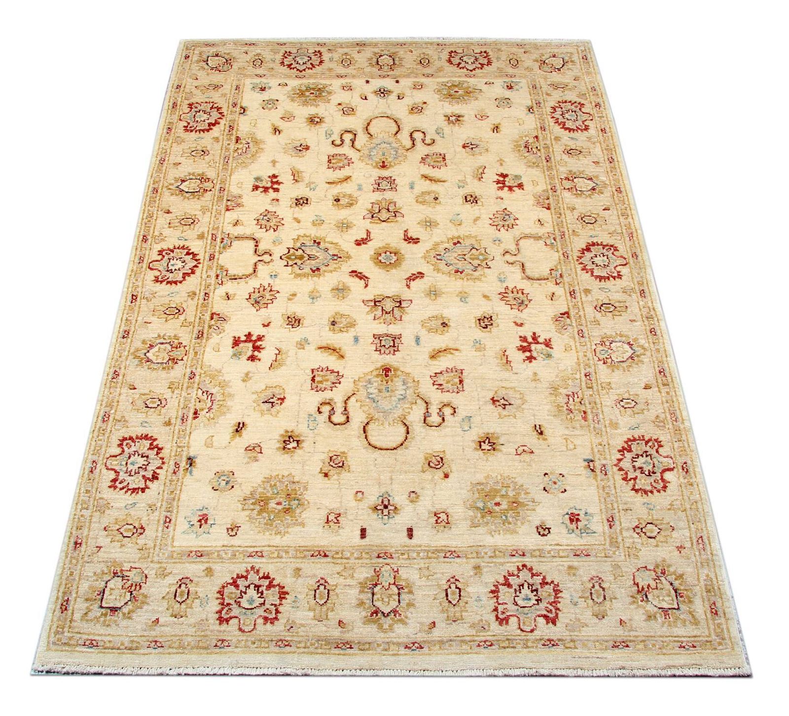 Cream Wool Area Rug, Handwoven Floral Carpet, Traditional Decor 190x128cm photo for sale