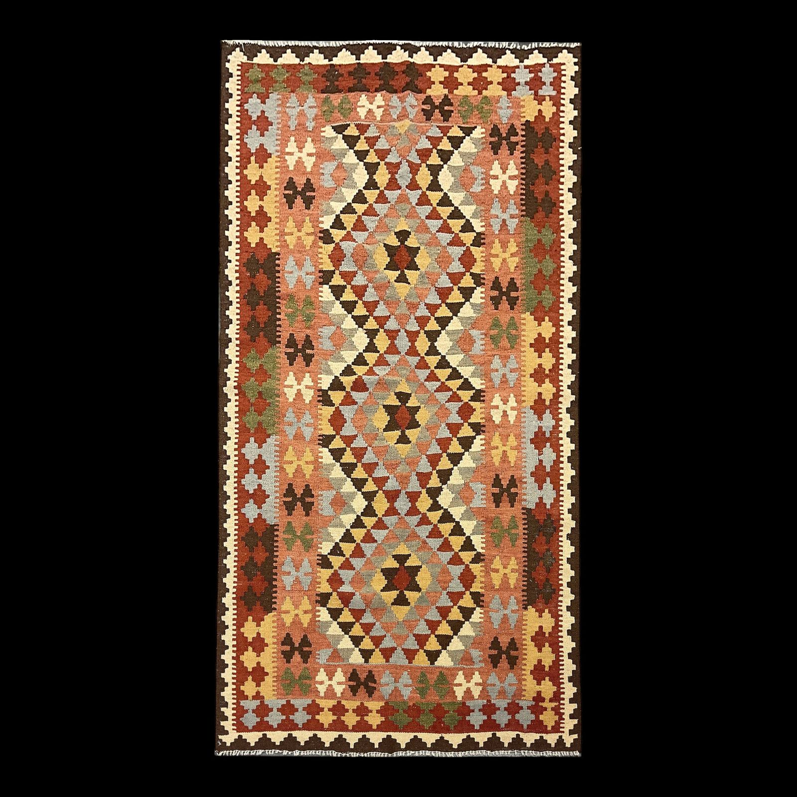 Geometric Kilim Runner Rug, Handmade Wool Contemporary Rug 185 X 103 Cm