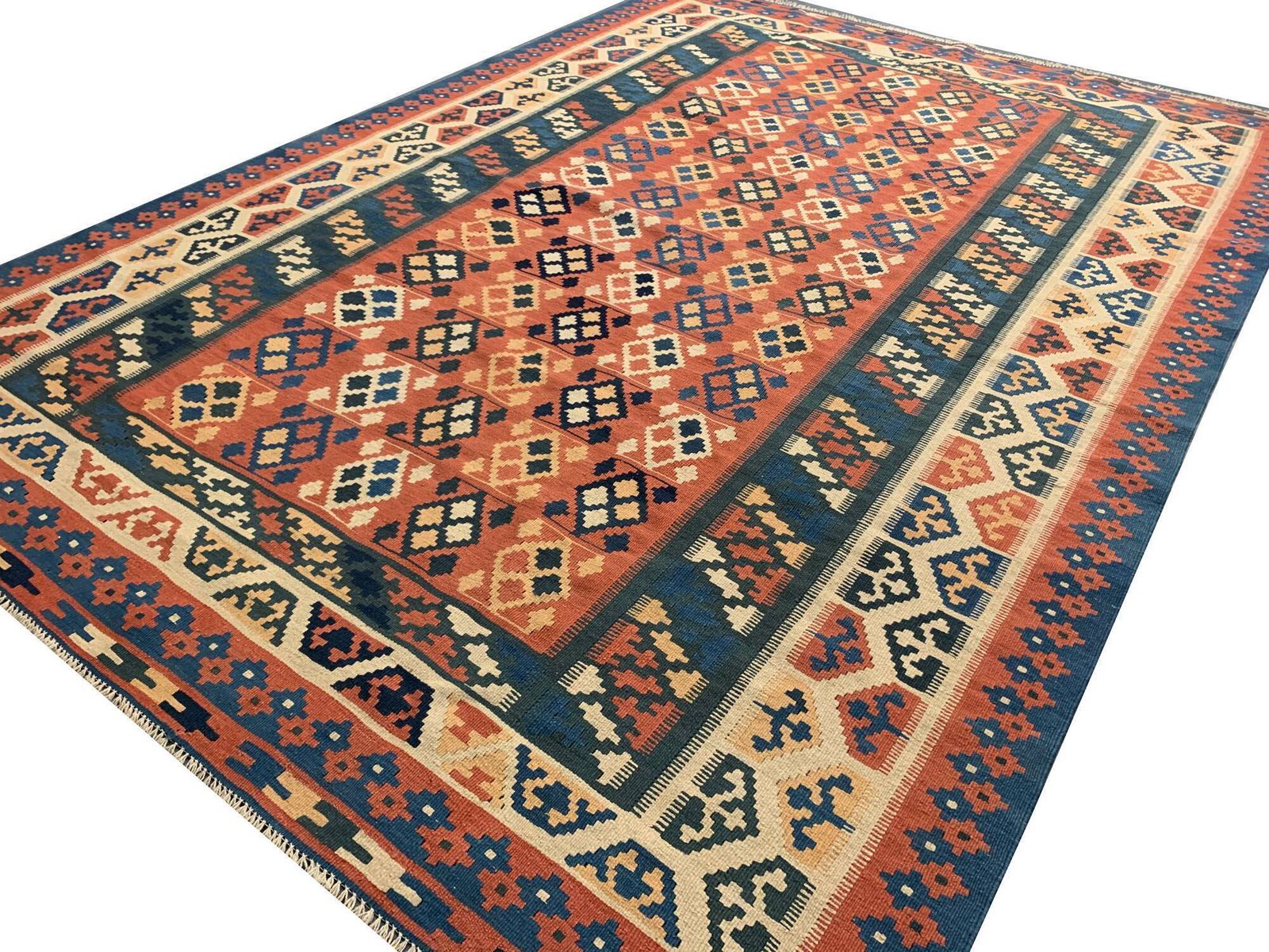 Large Vintage Kilim Rug, Turkish Wool Flatweave Geometric Design 296x212cm photo 2401.0