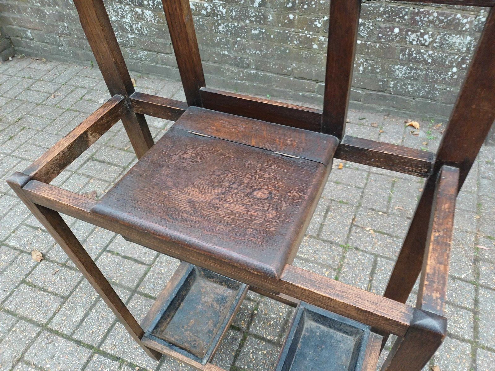 photo furniture Antique Arts And  Crafts Oak Hall Stand Stick & Umbrella Stand With Mirror, 4 Hooks Lift Seat Storage And Twin Drip Trays Edwardian Entrance