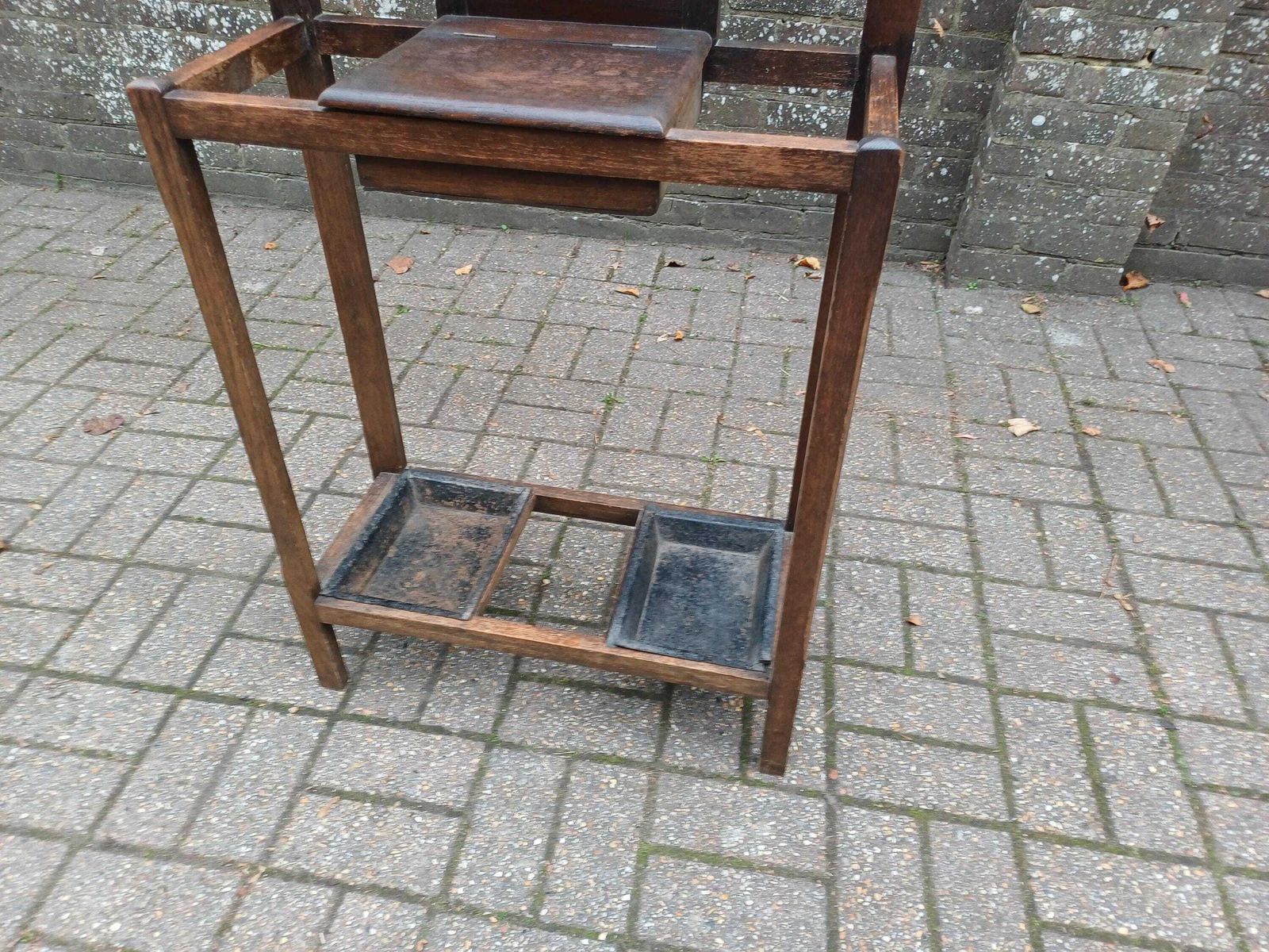 Furniture Antique Arts And  Crafts Oak Hall Stand Stick & Umbrella Stand With Mirror, 4 Hooks Lift Seat Storage And Twin Drip Trays Edwardian Entrance photo