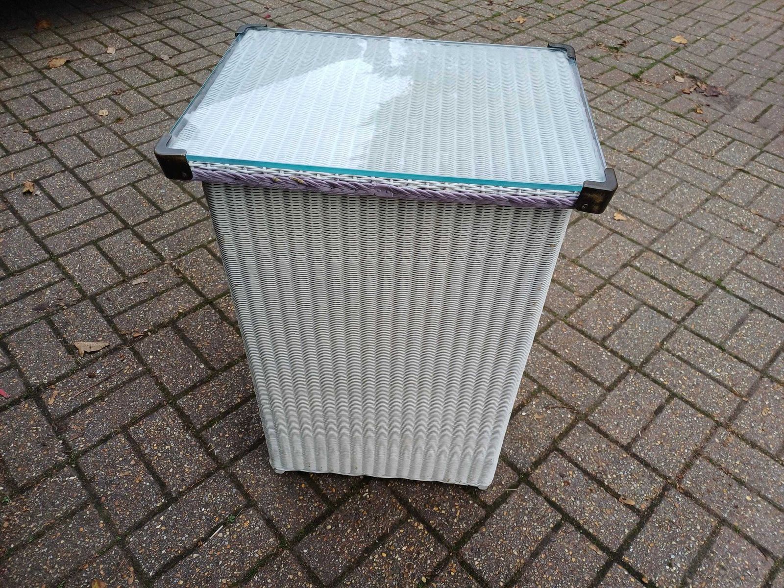 photo furniture Genuine Lloyd Loom Laundry Bin With Glass Top – Vintage White & Lilac Wicker Hamper Cabinet, Brass Knob, Bathroom/Bedroom Storage Side Table