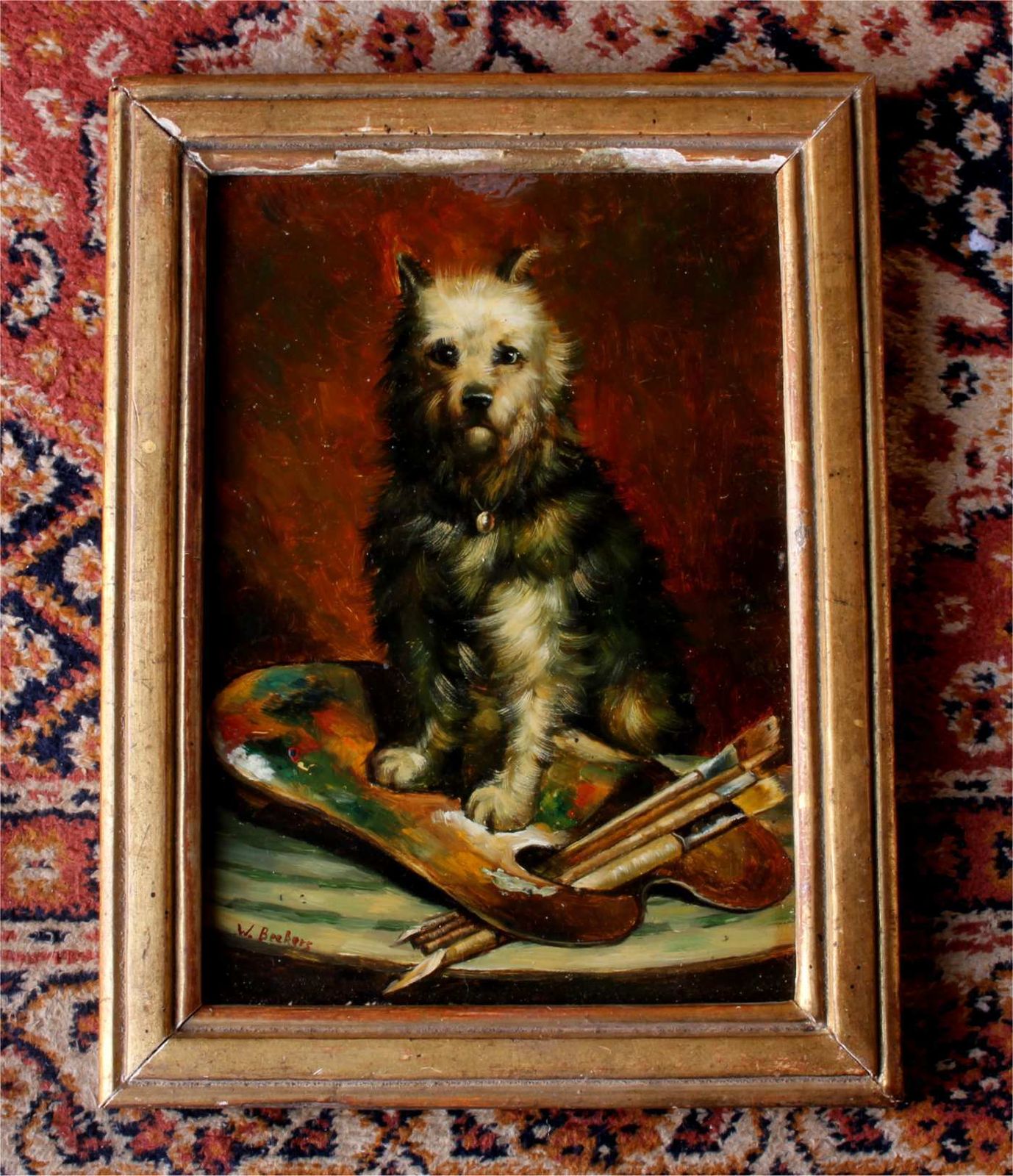 photo vinterior The Artist's Dog Oil Painting. Terrier Portrait. 19th Century Artwork.