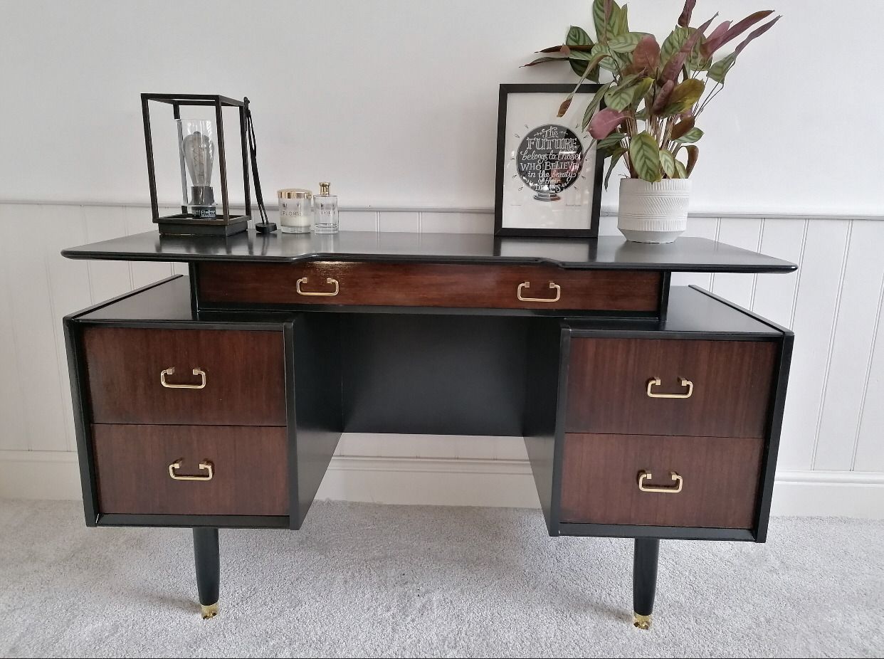 Mid Century Upcycled Painted Vanity Table For New Home Black And Gold Furniture For Bedroom photo vinterior