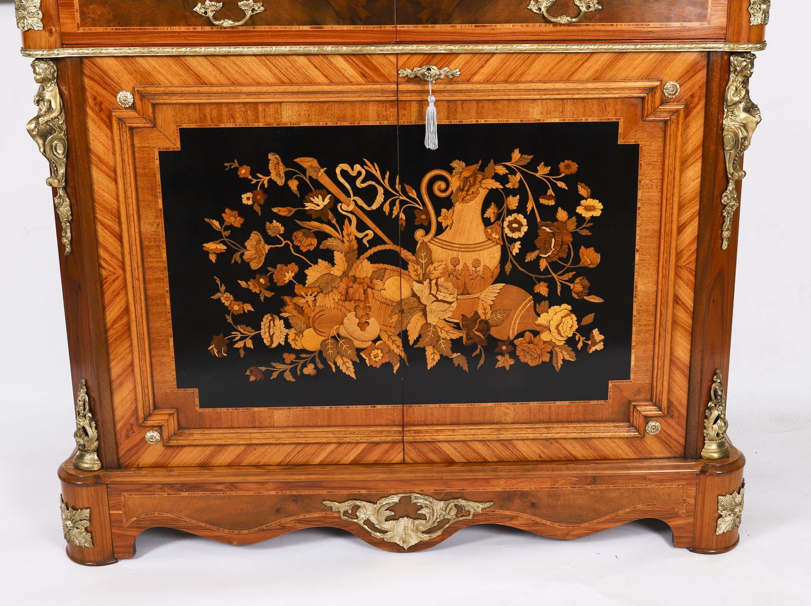 Antique French Floral Marquetry Marble Topped Side Cabinet Circa 1900 photo for sale