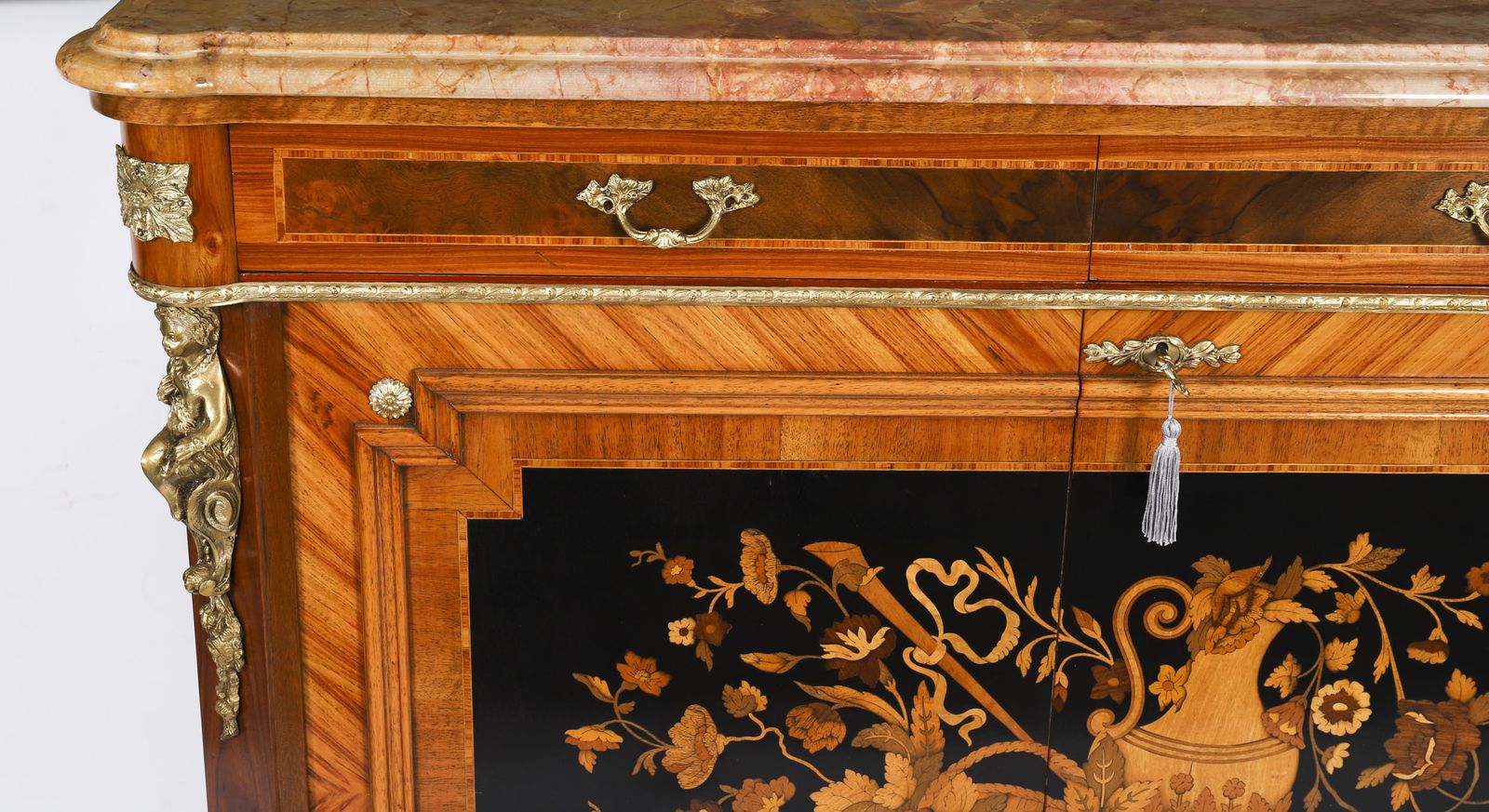 photo furniture Antique French Floral Marquetry Marble Topped Side Cabinet Circa 1900