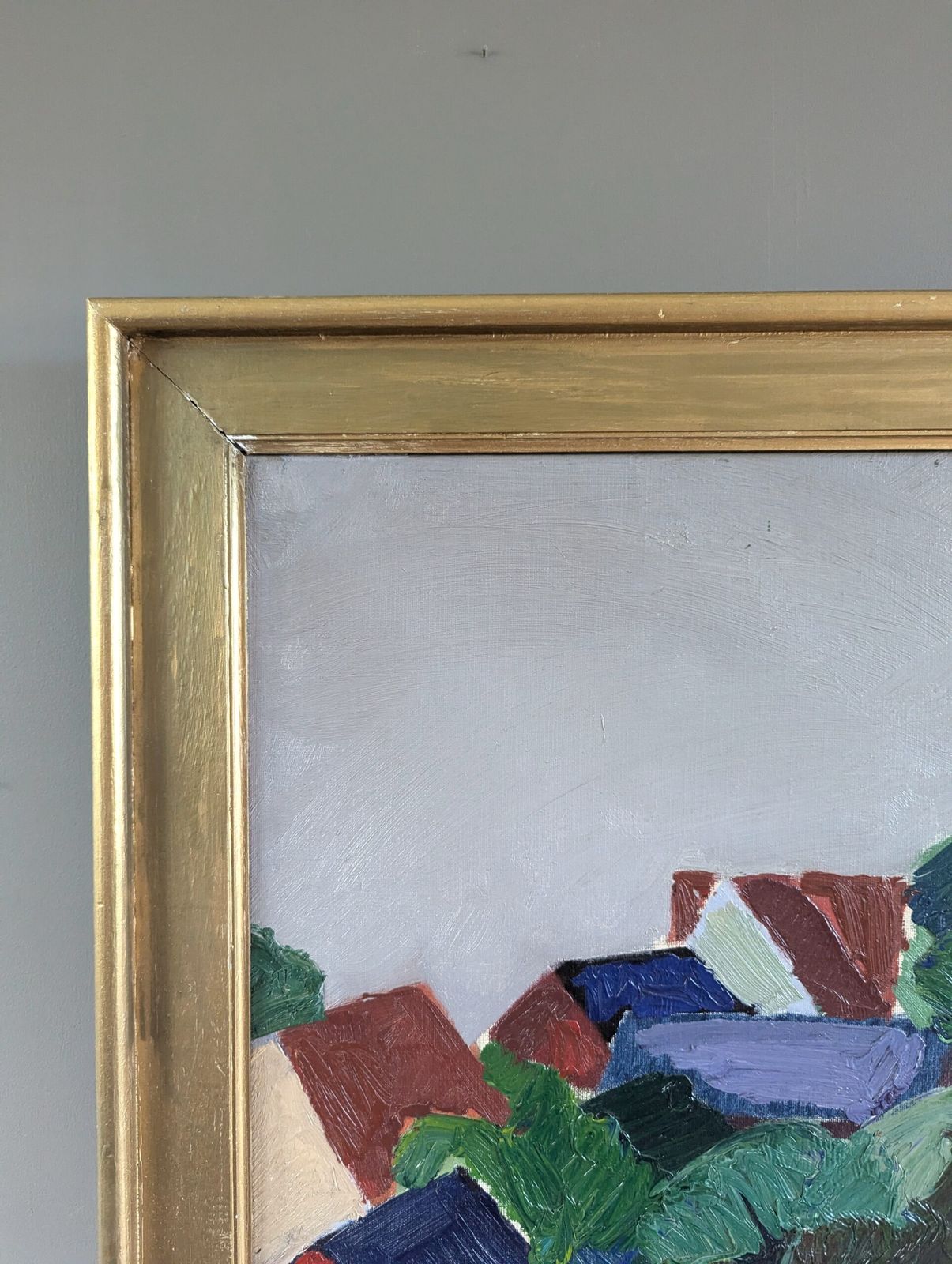 Oil Painting Hillside Houses, Modernist photo vintage