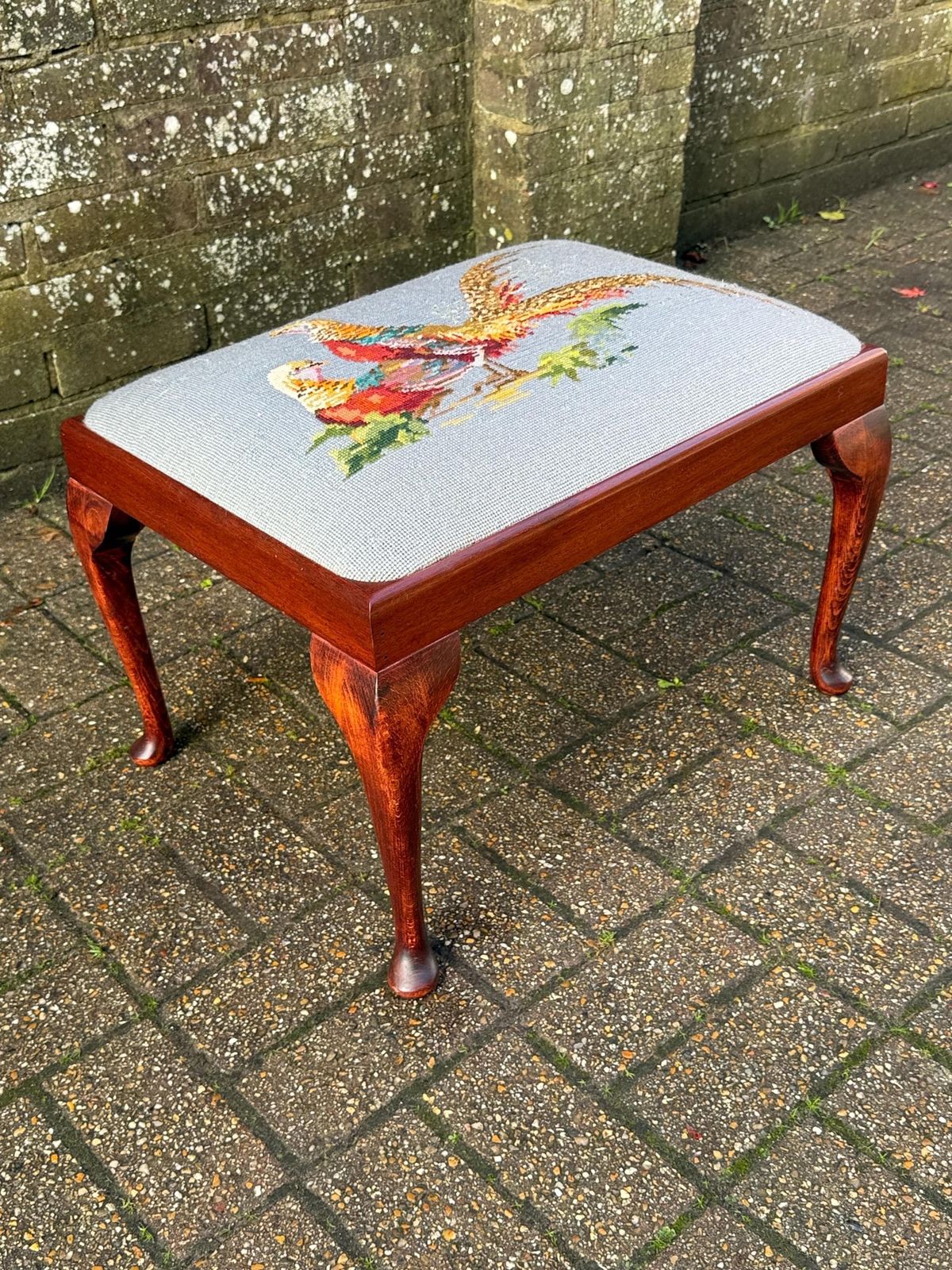 photo for sale Vintage Queen Anne Needlepoint Stool, Luxury Needlepoint Tapestries London Mahogany Vanity Seat With Pheasant Design, Vintage Stool Cabriole
