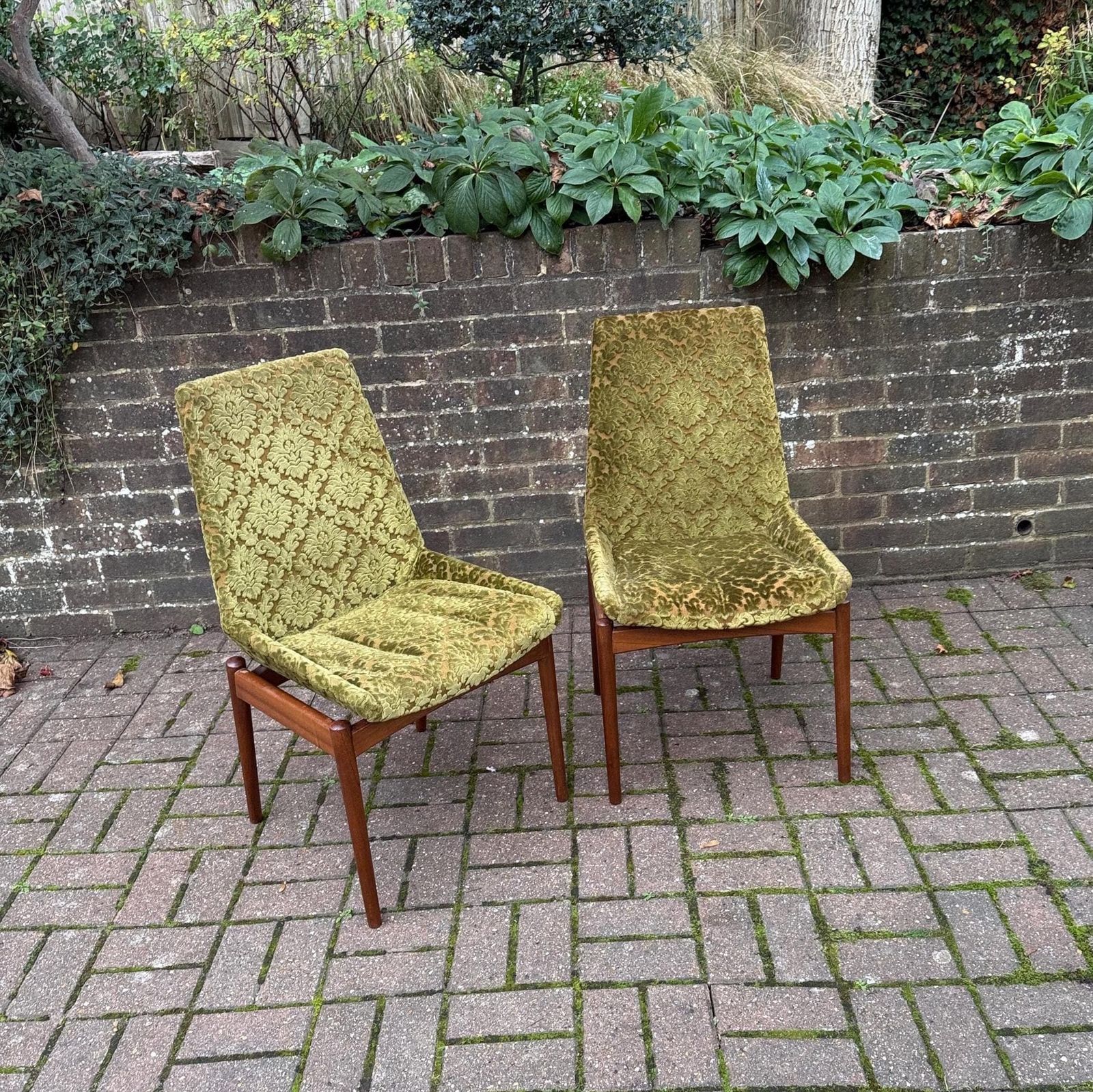 Pair Of 1960s Mid Century Danish Teak Dining Chairs Vintage Olive Green Velvet Damask Upholstery Scandinavian Modern Pair Retro