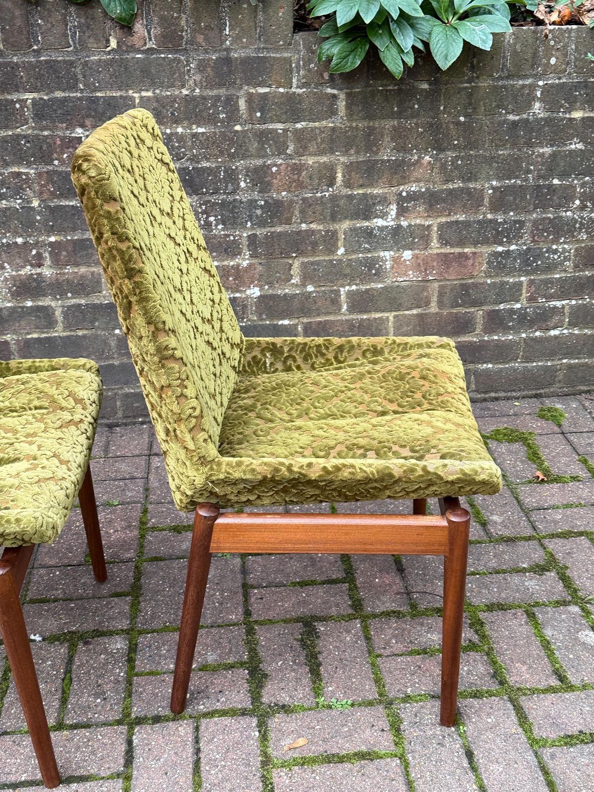 Pair Of 1960s Mid Century Danish Teak Dining Chairs Vintage Olive Green Velvet Damask Upholstery Scandinavian Modern Pair Retro photo buy