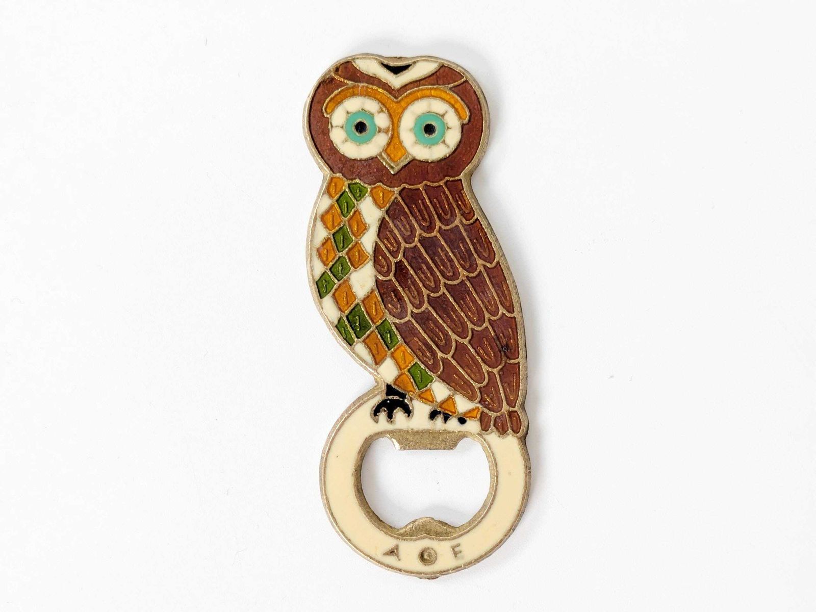 Vintage Greek Bronze Owl Bottle Opener: 1980s Enameled Athena Symbol Of Wisdom And Prosperity