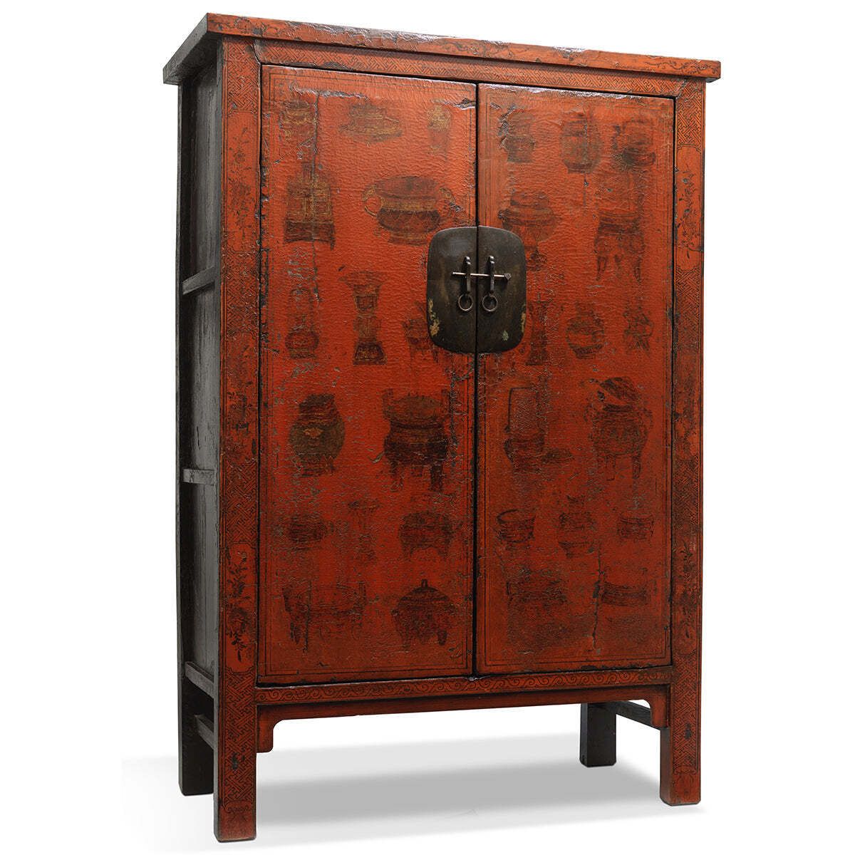 Large Red And Gold Armoire With Curios