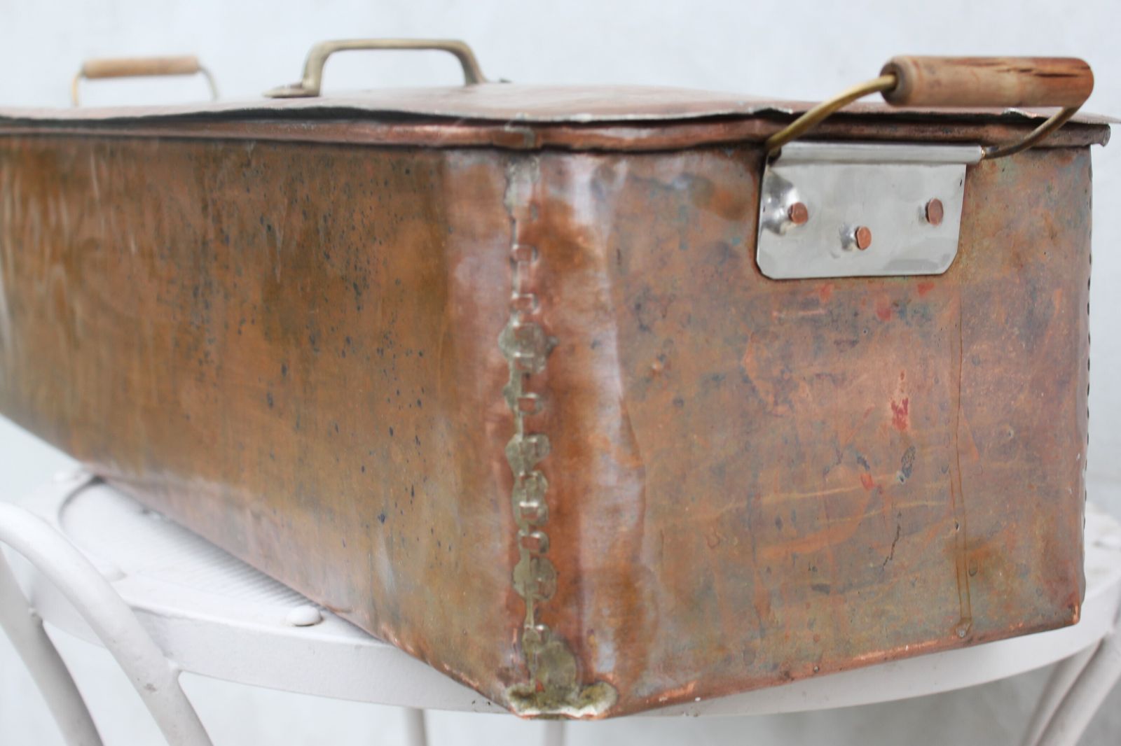 photo for sale Large 19th Century French Copper Fish Poacher With Lid – Hand Hammered Tin Lined Culinary Vessel