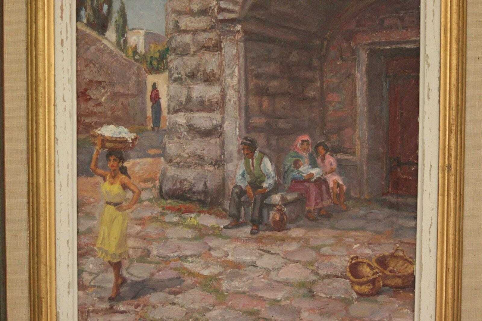 photo for sale Original Swedish Oil On Canvas – “People In Village” By Pontus Viljanen – Signed & Framed – 55 × 64 Cm (21.7" × 25.2")