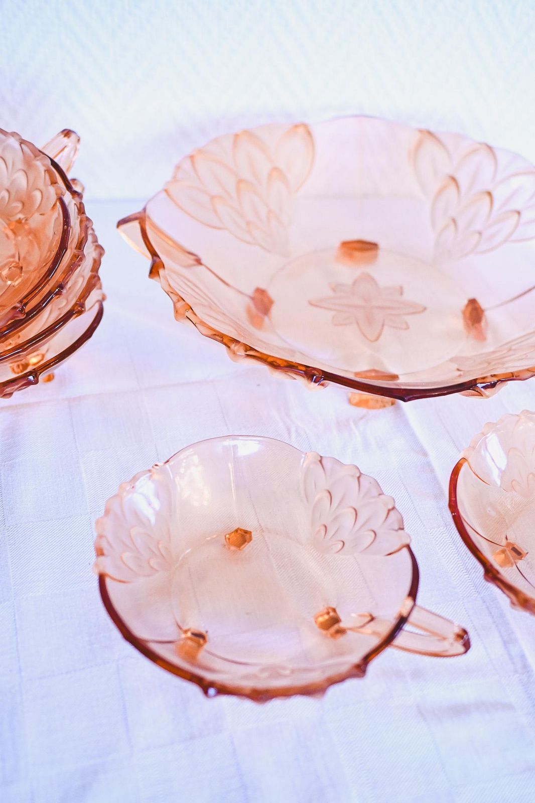 Vintage Czech Pink Depression Glass Berry Bowl Set 7 Pieces Floral Molded Glass Czechoslovakia 1930s Serving Bowl 24cm photo for sale