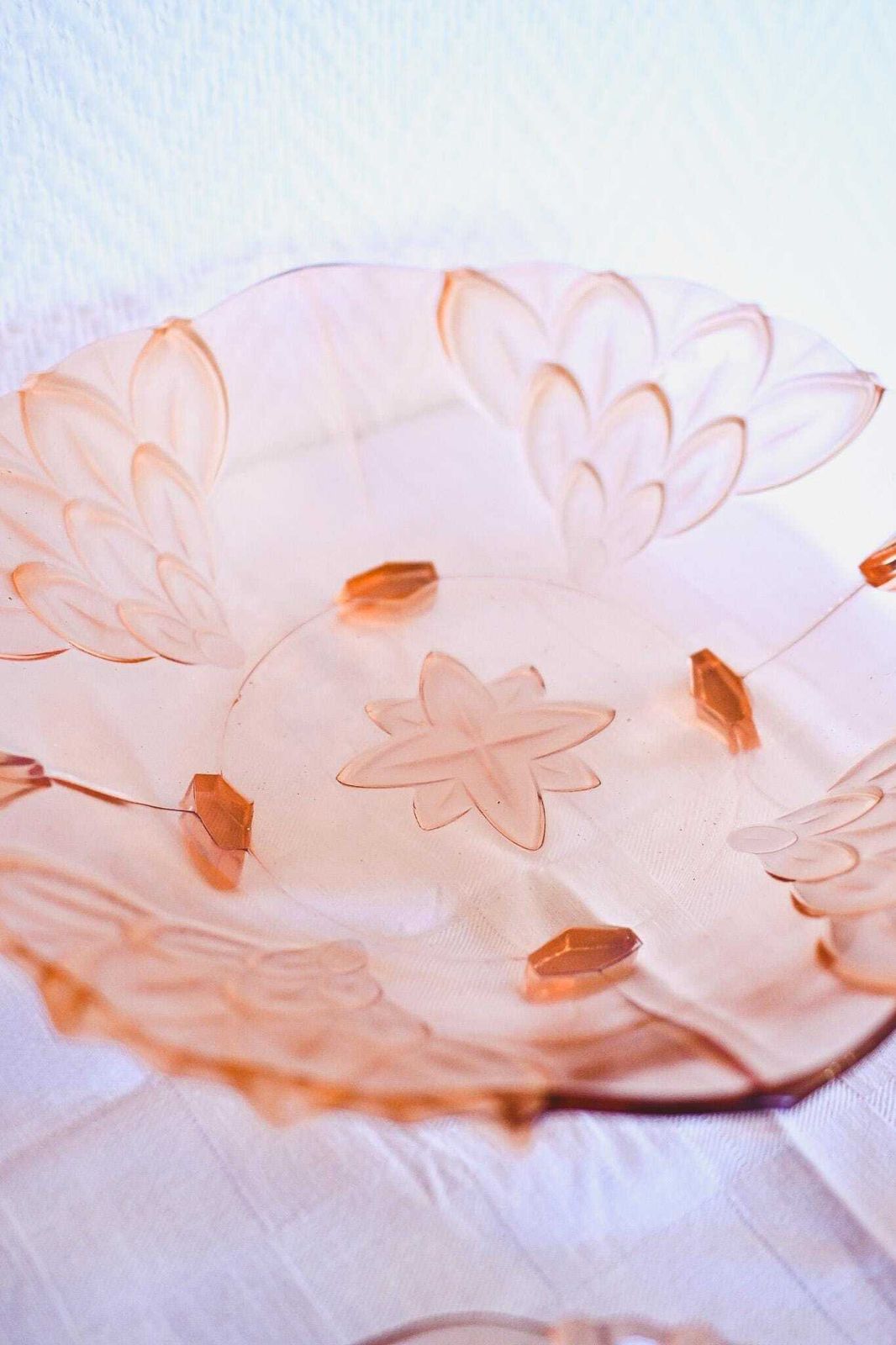 Vintage Czech Pink Depression Glass Berry Bowl Set 7 Pieces Floral Molded Glass Czechoslovakia 1930s Serving Bowl 24cm photo 200.0
