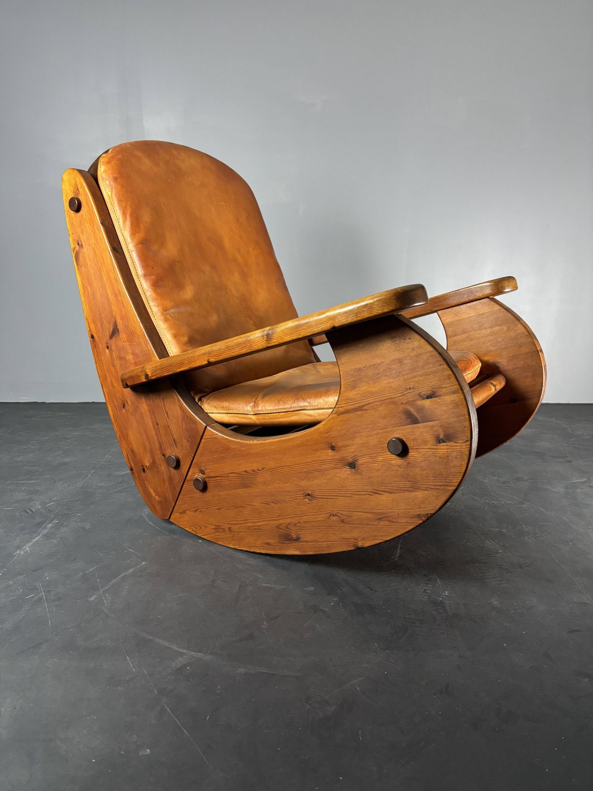 Brutalist Pine Rocking Lounge Chair With Leather Seat By Wasa 1984 photo 1414.0