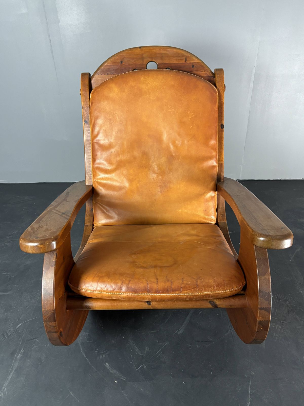 1414.0 Brutalist Pine Rocking Lounge Chair With Leather Seat By Wasa 1984 photo