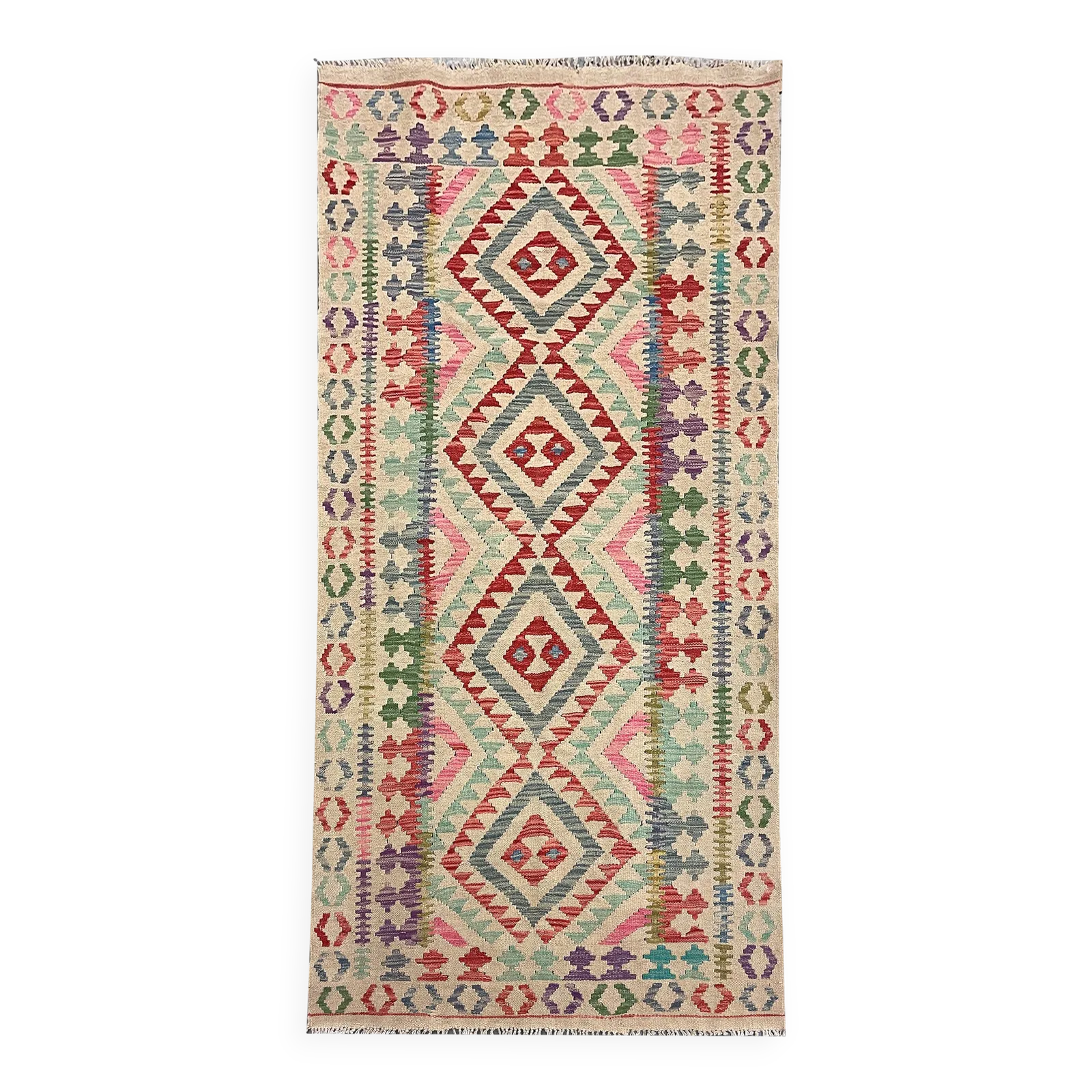 Beige And Pink Geometric Kilim Rug