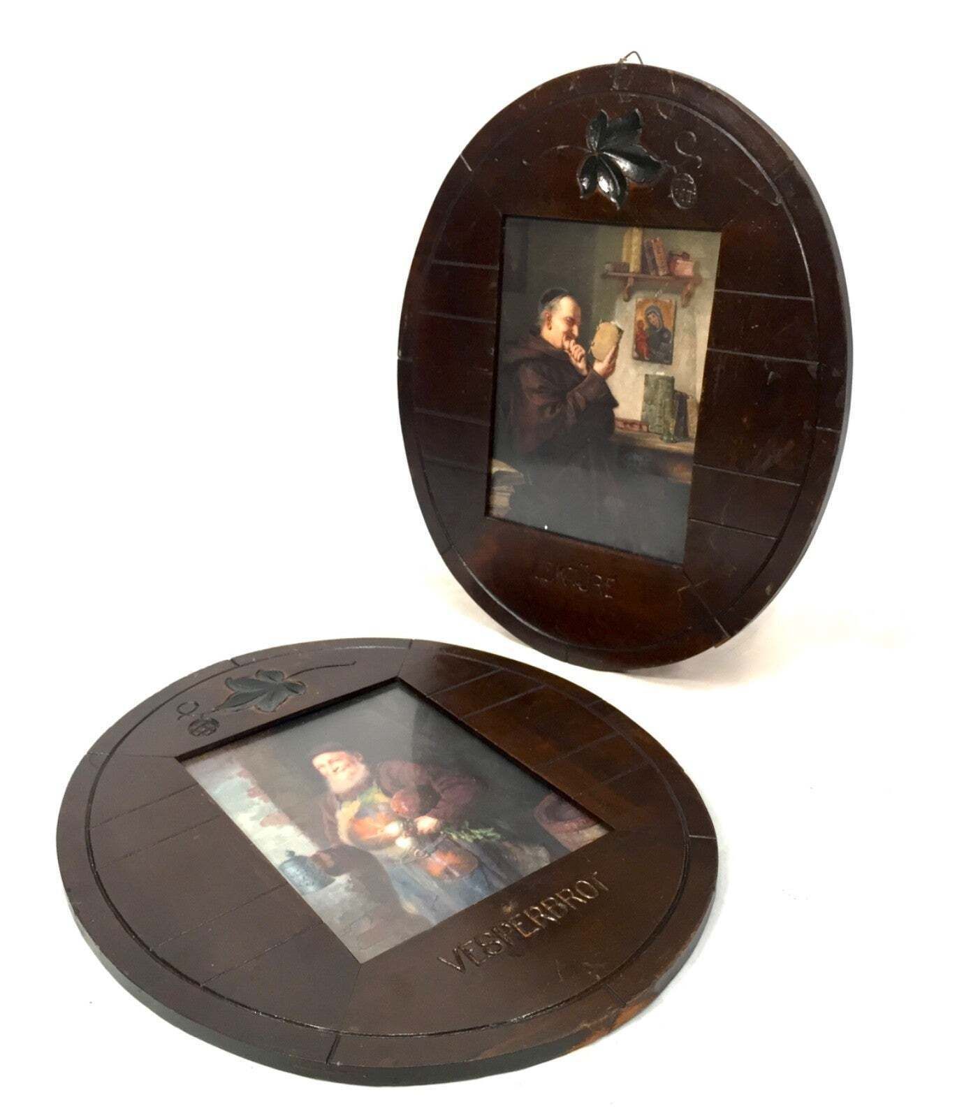 Antique Pair Of German Black Forest Wooden Picture Frames With Prints Of Art