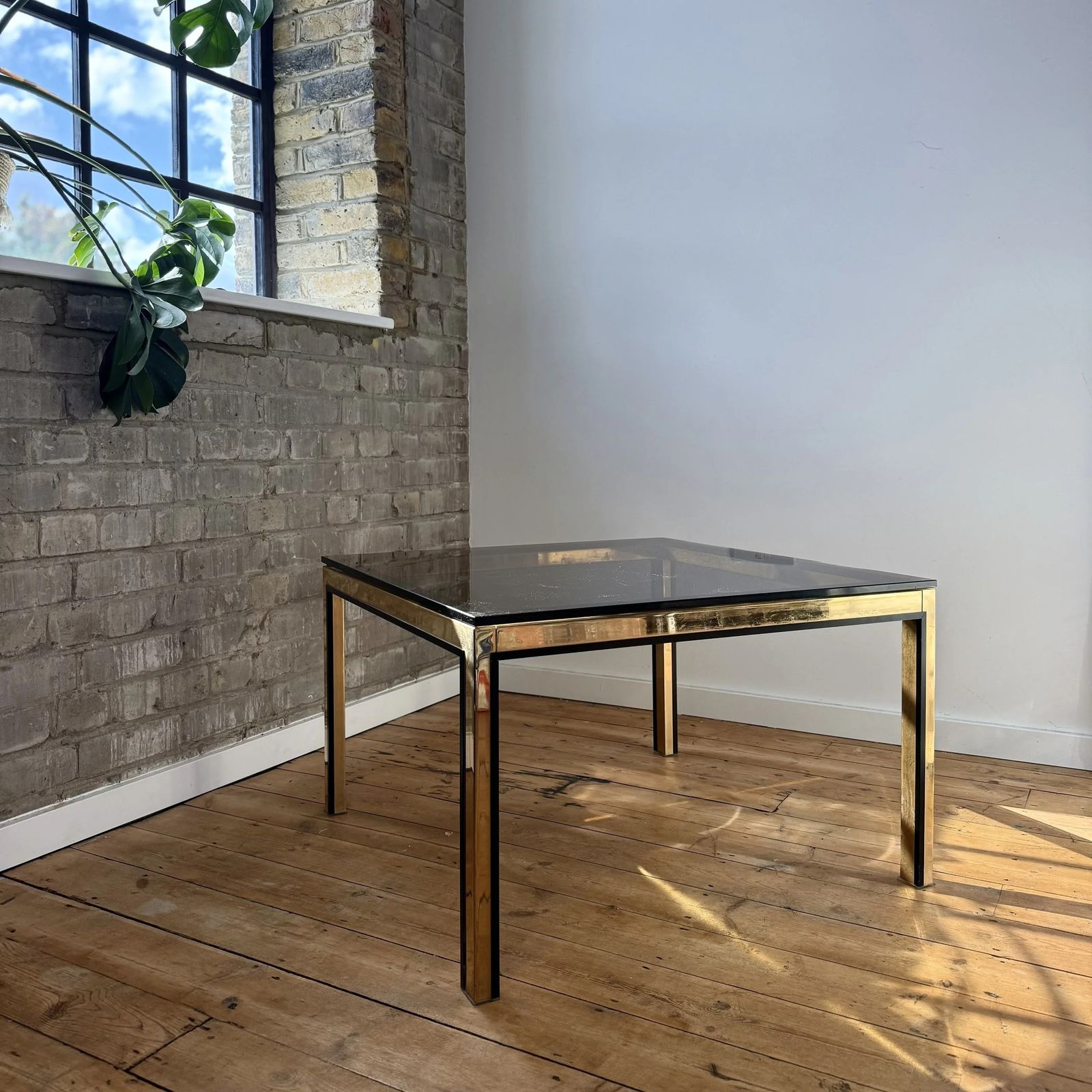 Romeo Rega Style Italian Gold And Black Border Smoked Glass Coffee Table, 1970