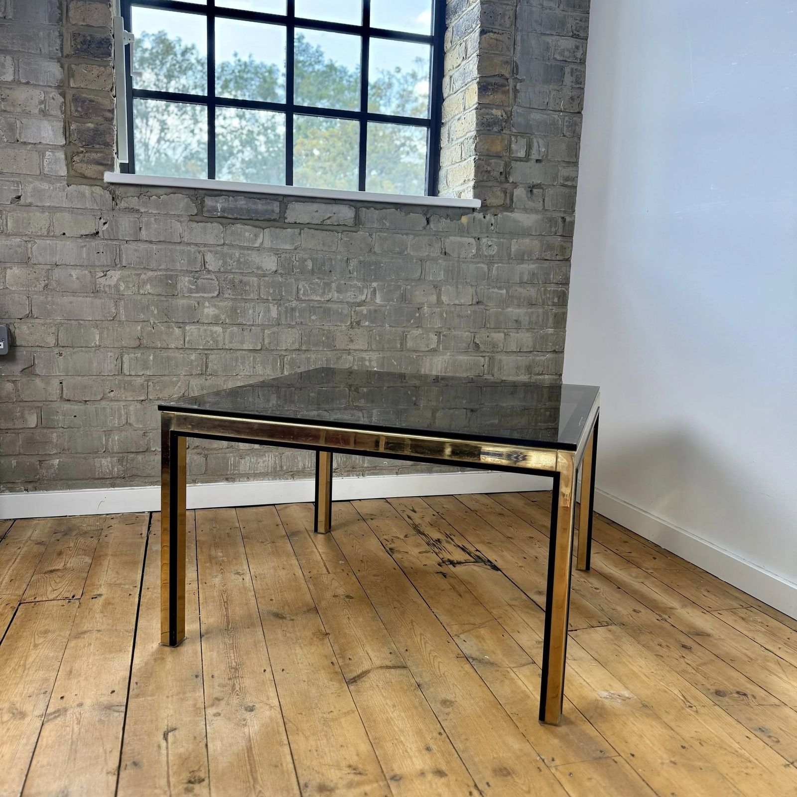Romeo Rega Style Italian Gold And Black Border Smoked Glass Coffee Table, 1970 photo for sale