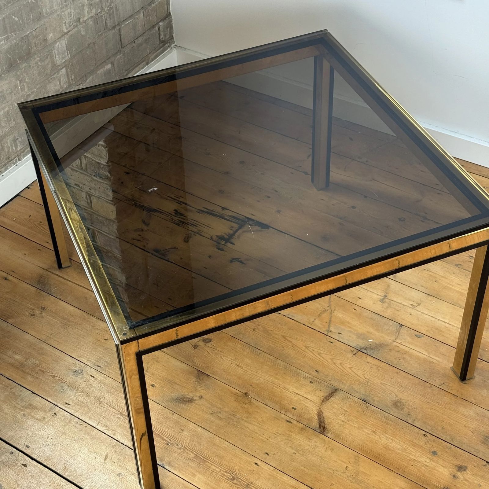 Romeo Rega Style Italian Gold And Black Border Smoked Glass Coffee Table, 1970 photo buy