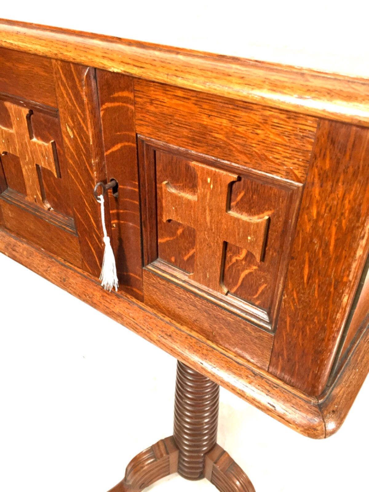 Antique Wooden Church Used Storage Box Stand With Key Salvaged & Repurposed photo furniture