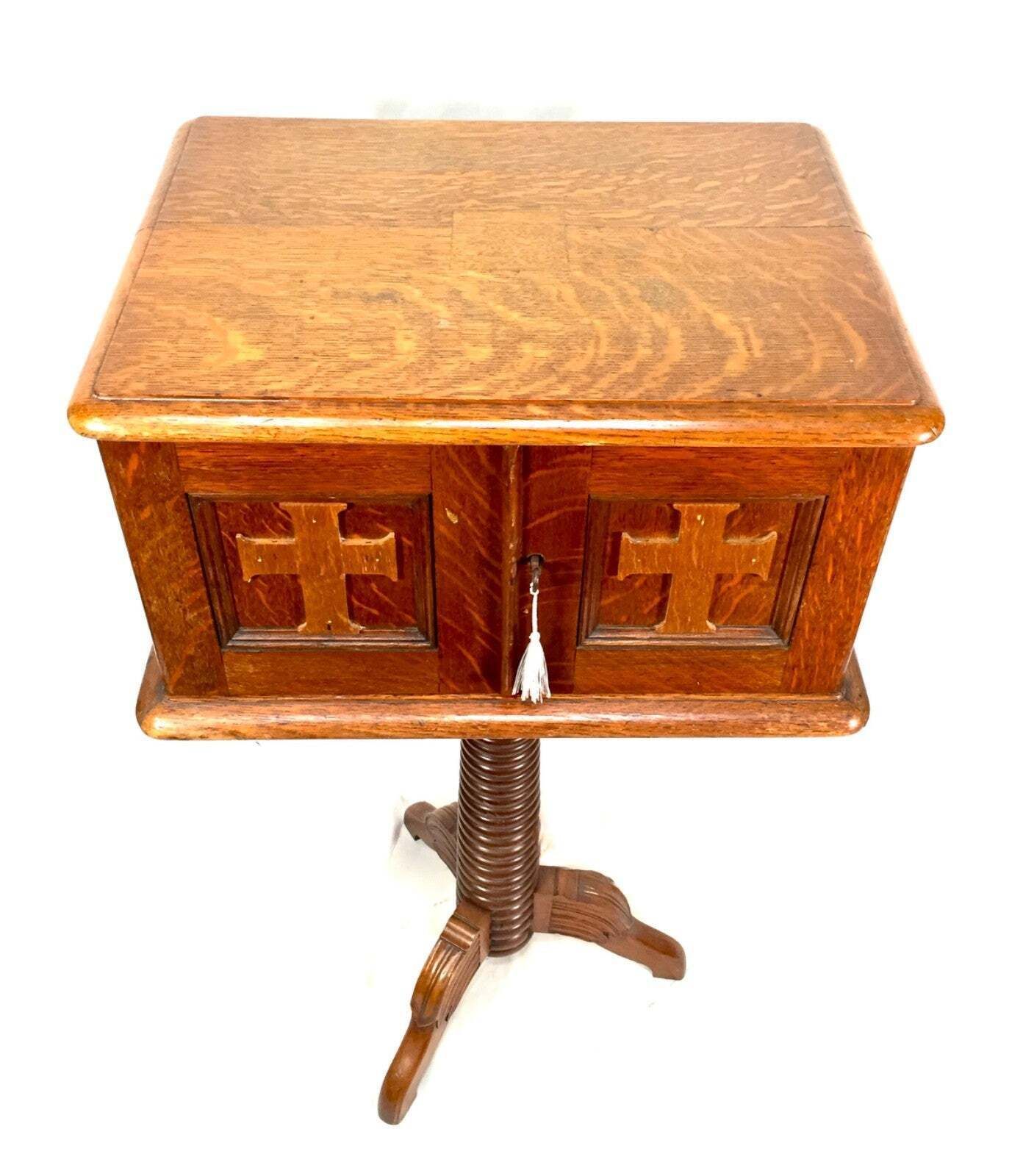 Antique Wooden Church Used Storage Box Stand With Key Salvaged & Repurposed photo vinterior