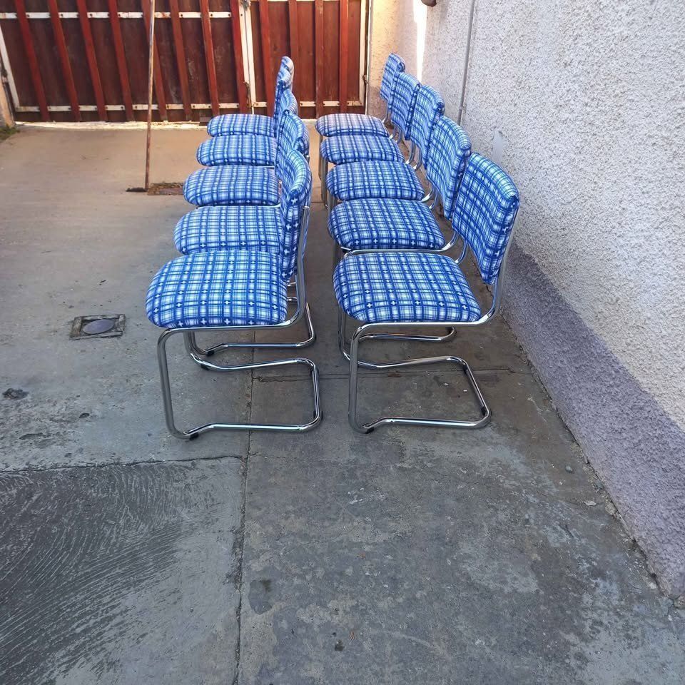 Vintage Chrome Cantilever Chairs With Blue Checkered Upholstery, 1970s, Set Of 10 photo furniture