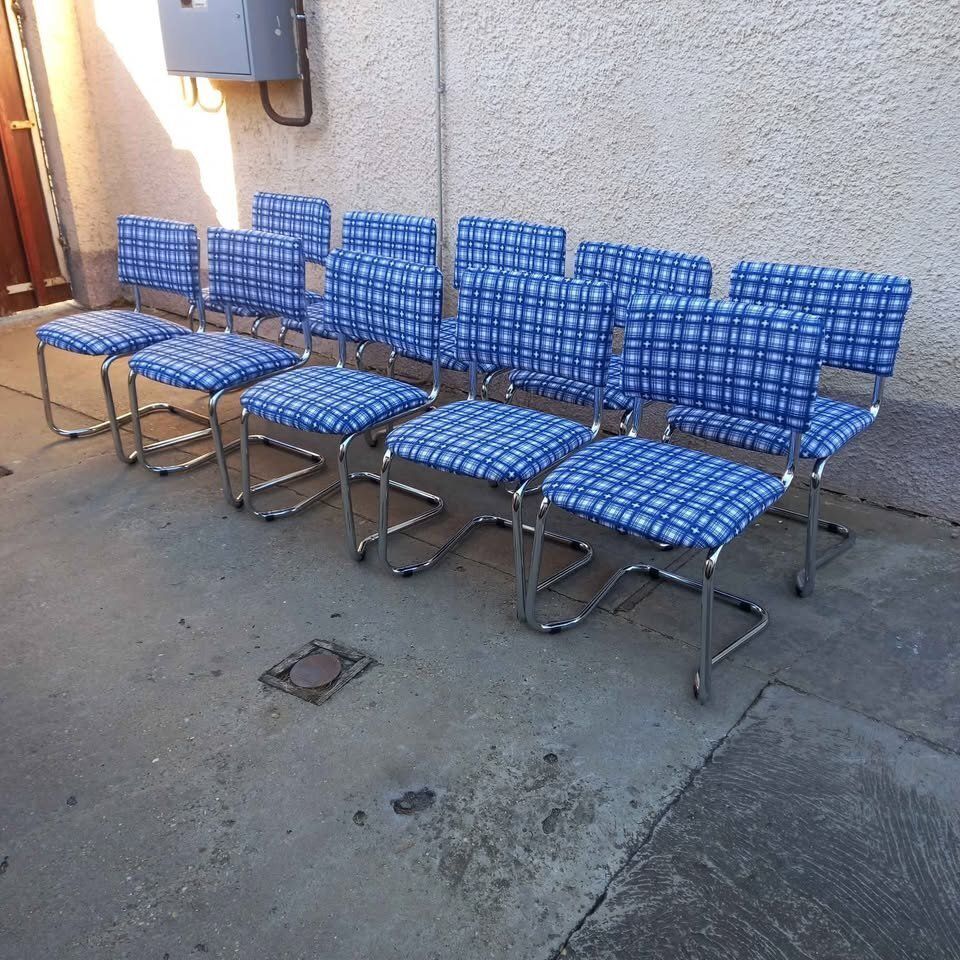 Vintage Chrome Cantilever Chairs With Blue Checkered Upholstery, 1970s, Set Of 10 photo Furniture
