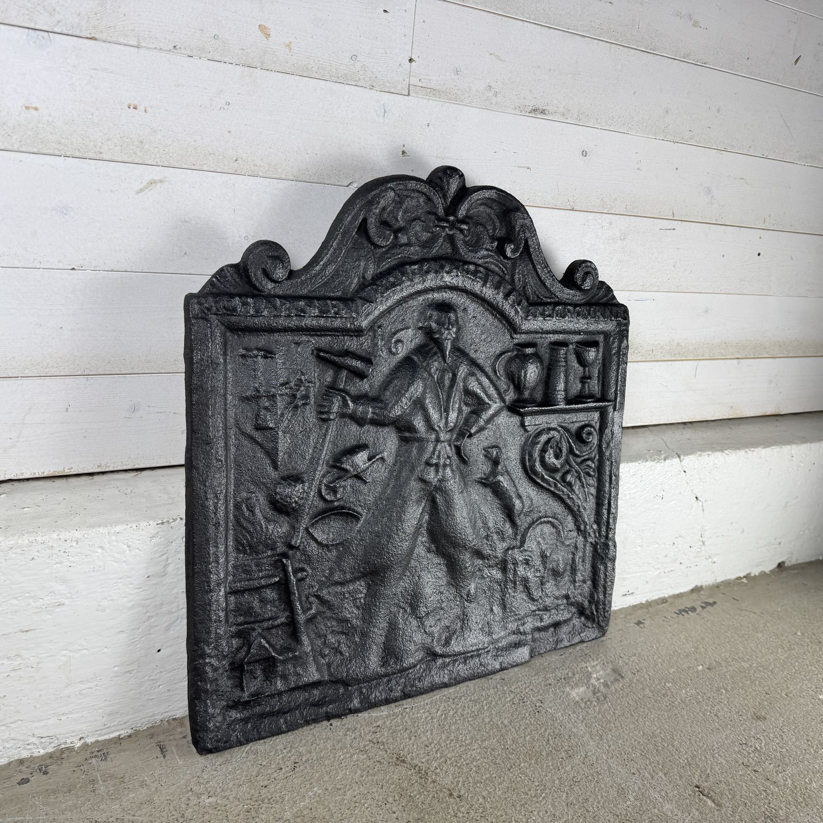 Antique Cast Iron Fire Back Depicting A Blacksmith photo furniture
