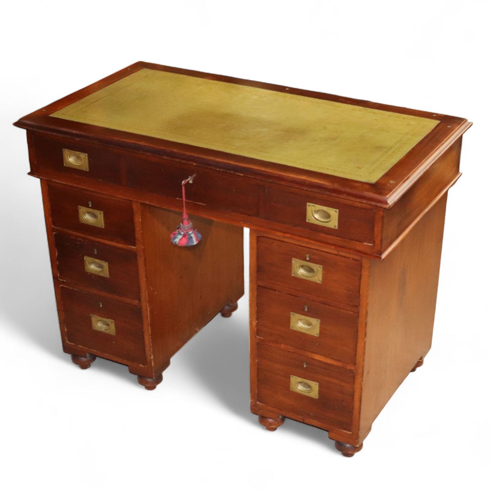 Vintage Mahogany Military Campaign Style Leather Top Pedestal Writing Desk