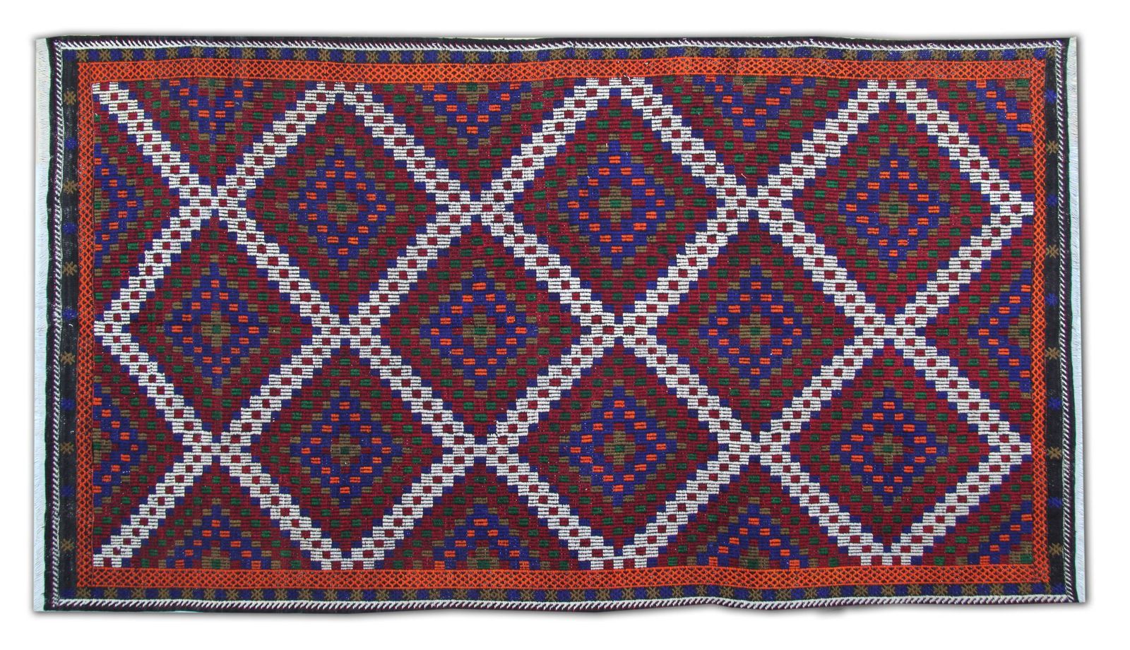 Turkman Kilim Rug, Flat Weave Geometric Burgundy And Navy Blue, 314 × 174 Cm photo for sale