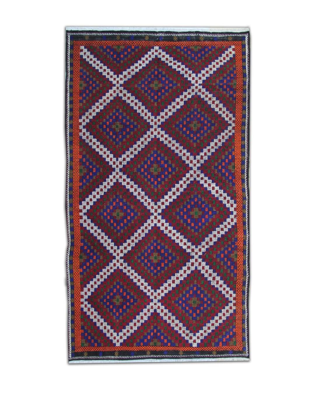 photo furniture Turkman Kilim Rug, Flat Weave Geometric Burgundy And Navy Blue, 314 × 174 Cm
