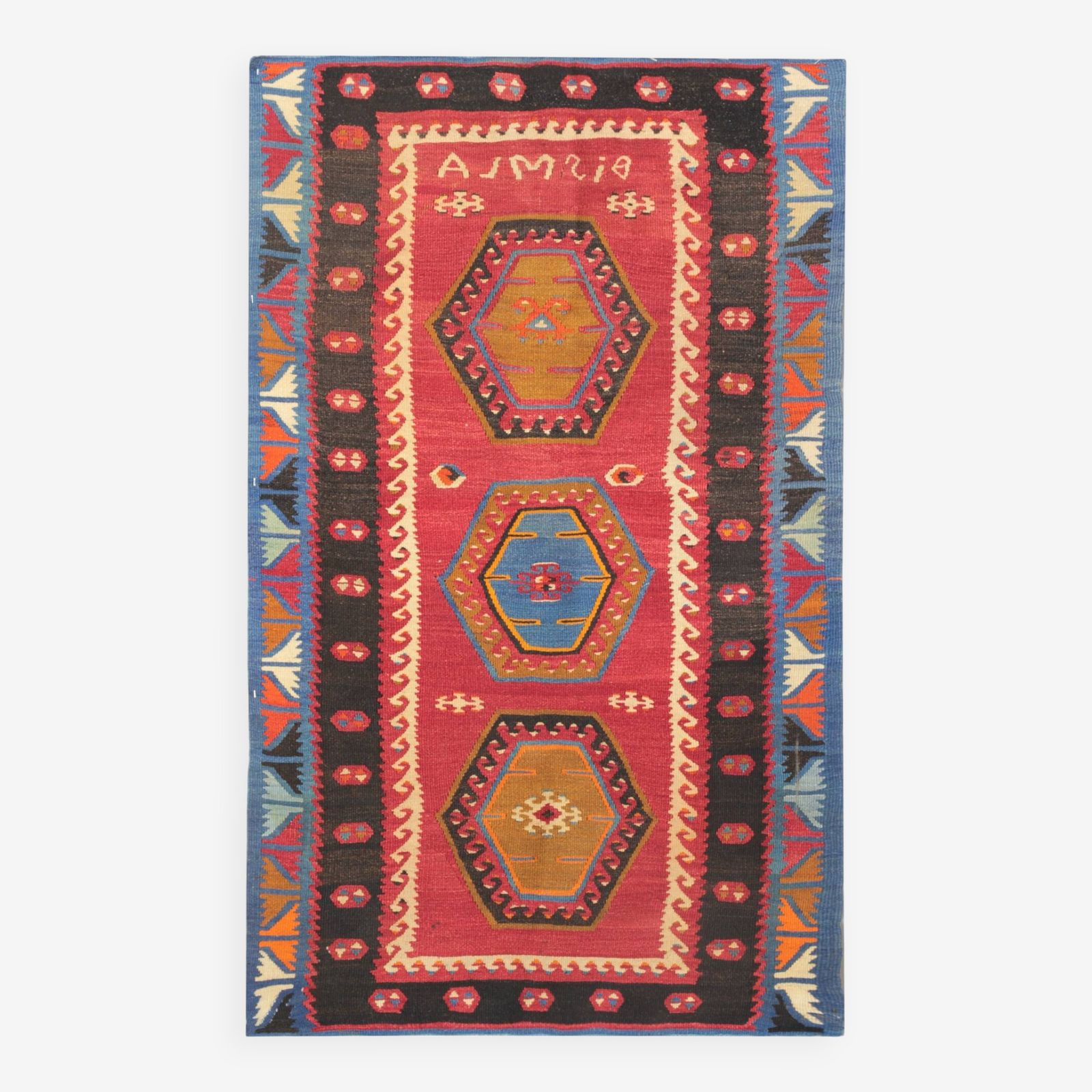 Turkish Kilim Rug From The 1940s, Small Flat Woven Wool Medallion, 75 X 130 Cm