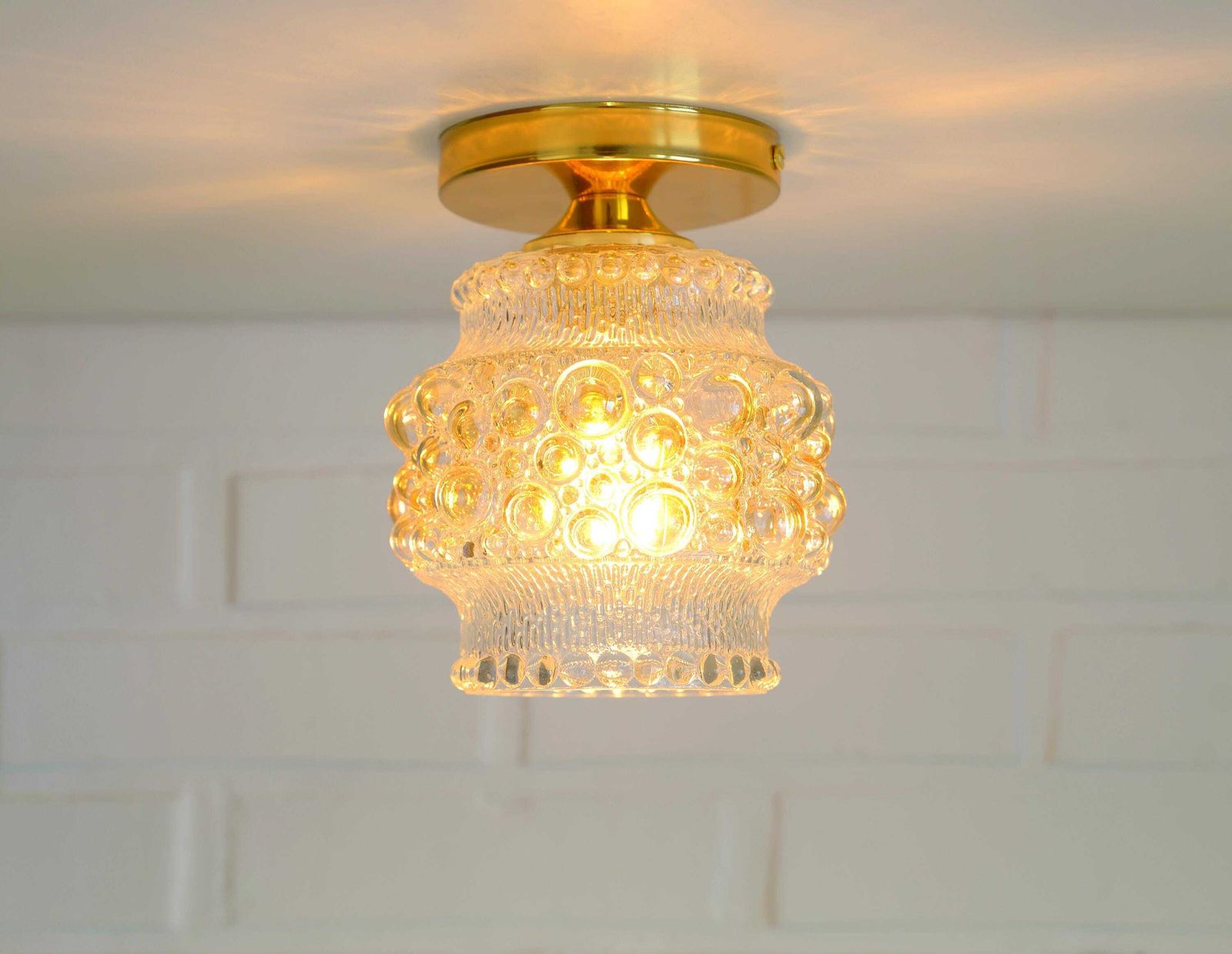 1 Of 3 Hand Blown Bubble Glass Sconce Lamps / Redesign Vintage Flush Mount Light / Gold Ceiling Lighting