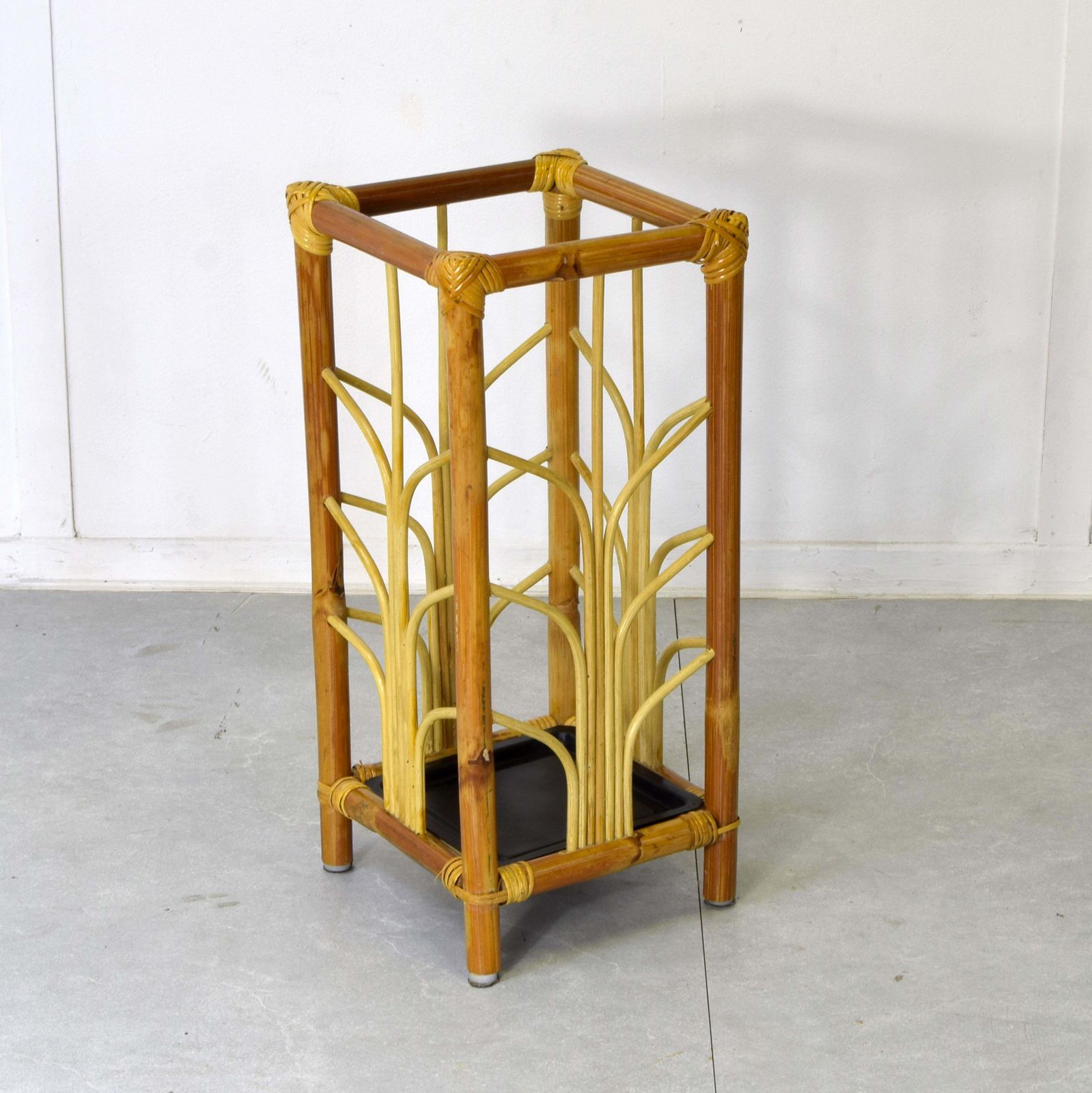 Vintage 70s Bamboo & Rattan Umbrella Stand photo for sale