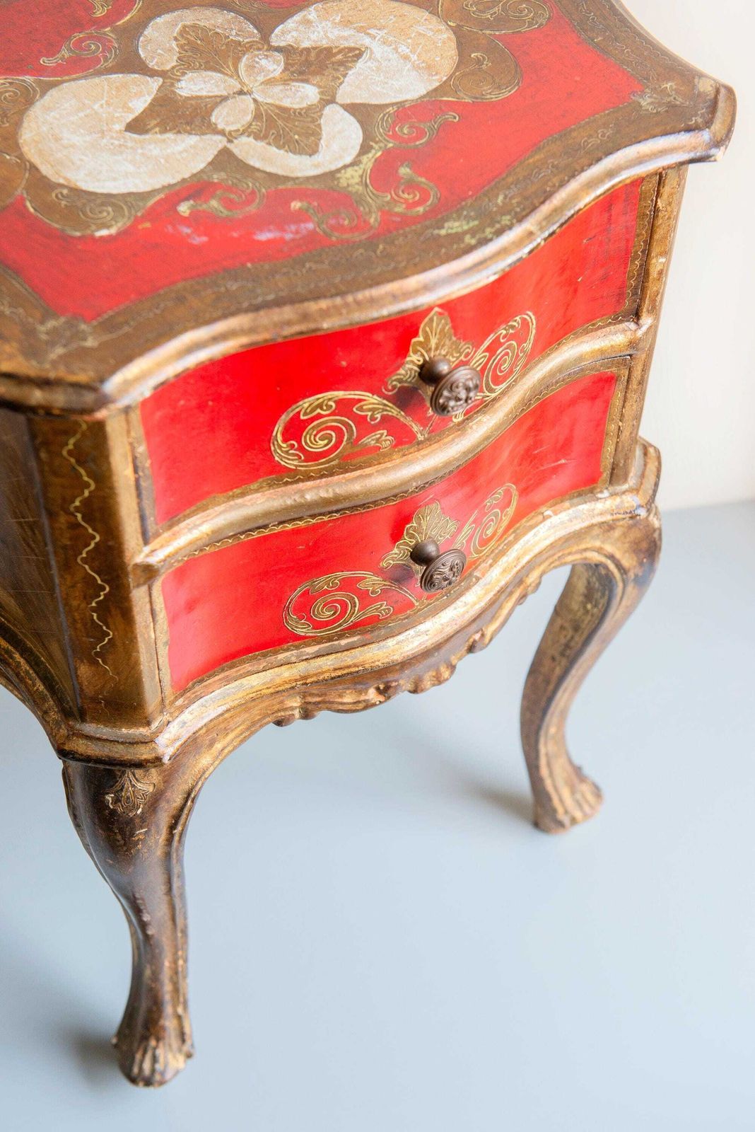 Italian Chest With Two Drawers Vintage Florentine Cabinet 1960s Red Lacquered Cupboard Baroque Gilt Bedside Table Curved Legs photo vinterior