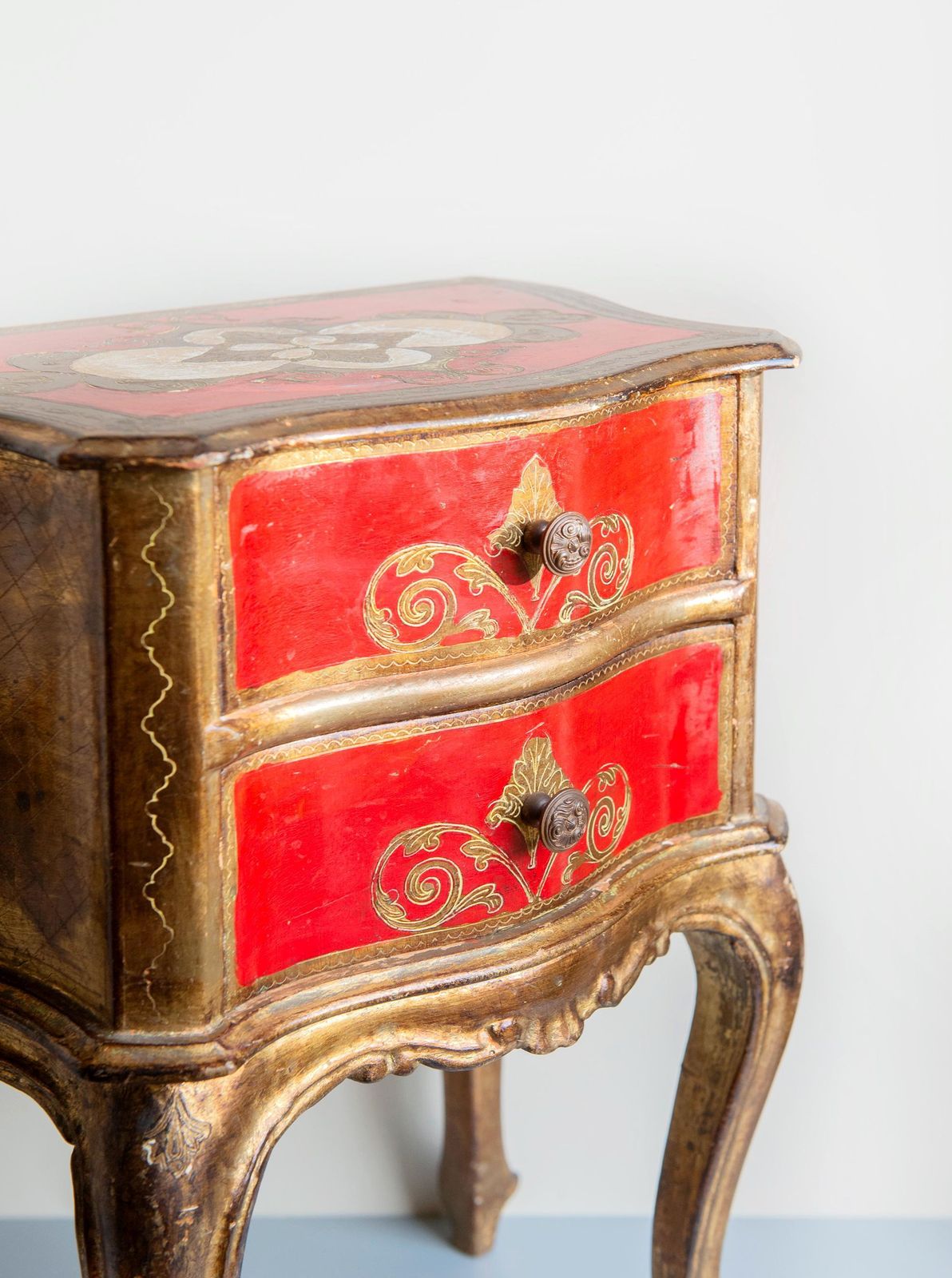 Italian Chest With Two Drawers Vintage Florentine Cabinet 1960s Red Lacquered Cupboard Baroque Gilt Bedside Table Curved Legs photo vintage