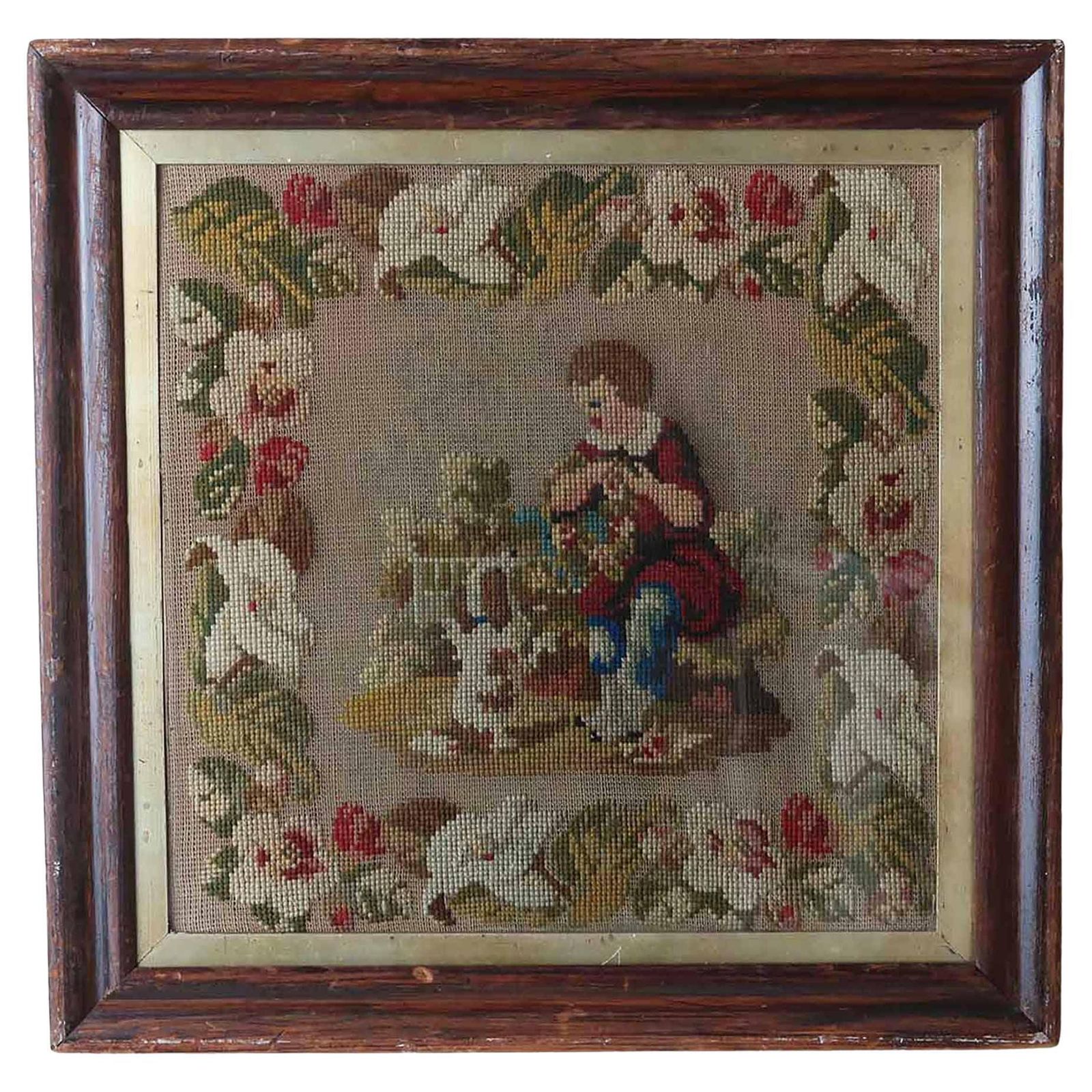 Antique Floral Woolwork With A Child And Dog. English, C.1850