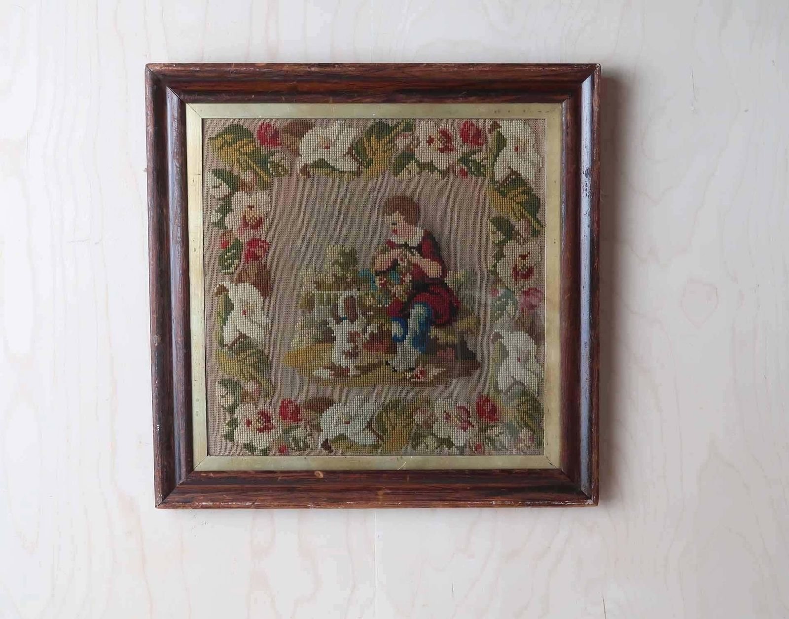 Antique Floral Woolwork With A Child And Dog. English, C.1850 photo furniture