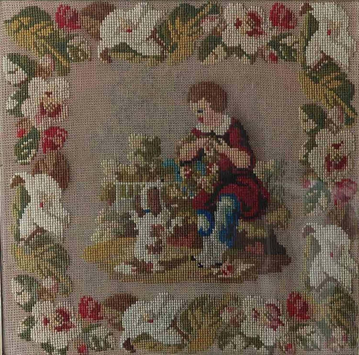 Antique Floral Woolwork With A Child And Dog. English, C.1850 photo Art