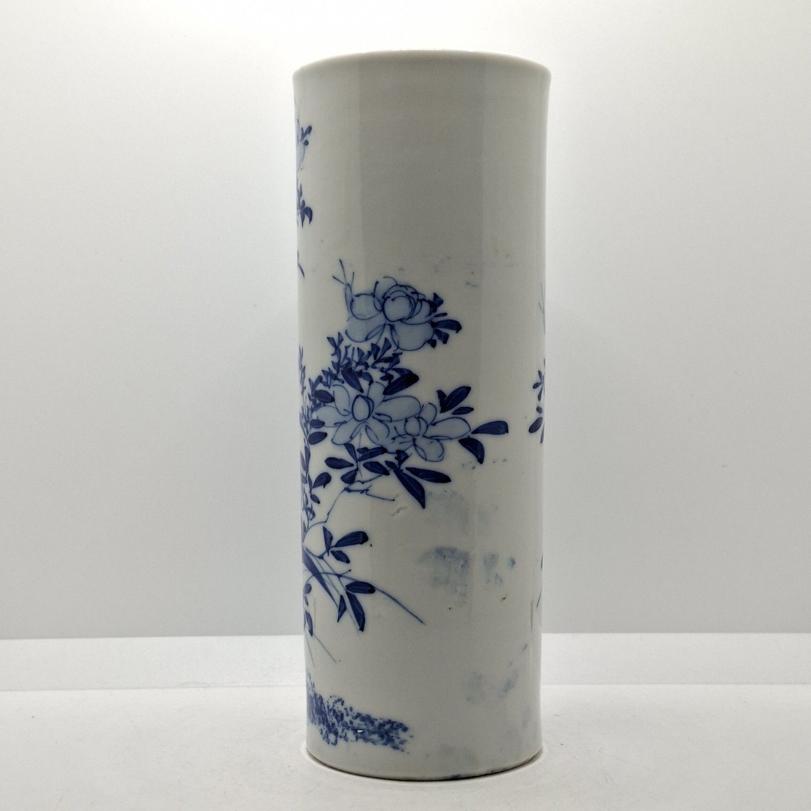 Japanese Seto Ware Porcelain Brush Pot Vase Meiji Era Antique Blue White Floral photo for sale