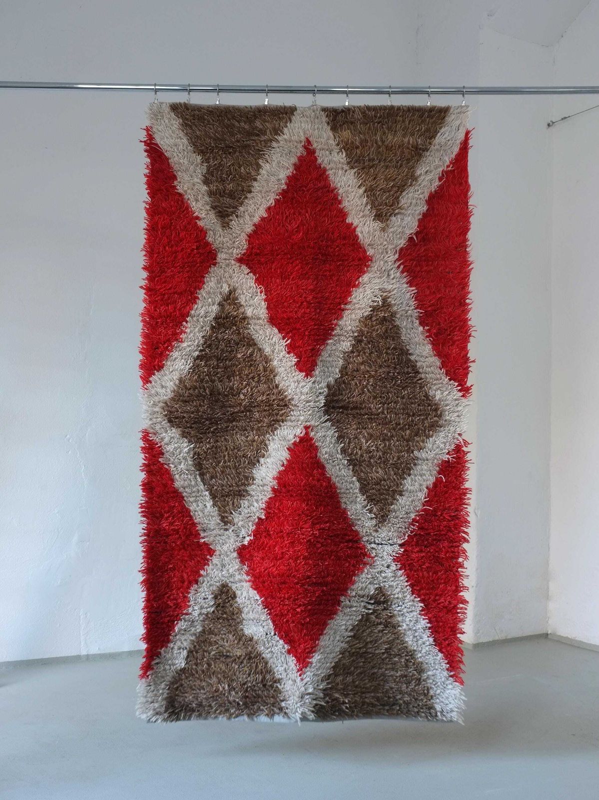 Scandinavian Red Rhombus Rya Rug | Sweden | 1960s